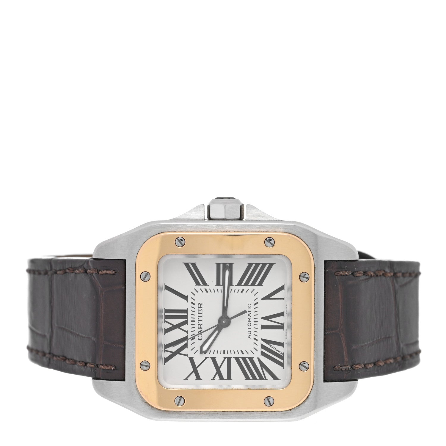 Cartier Stainless Steel 18K Yellow Gold 33mm Santos 100 Automatic Watch Brown 2 of 4