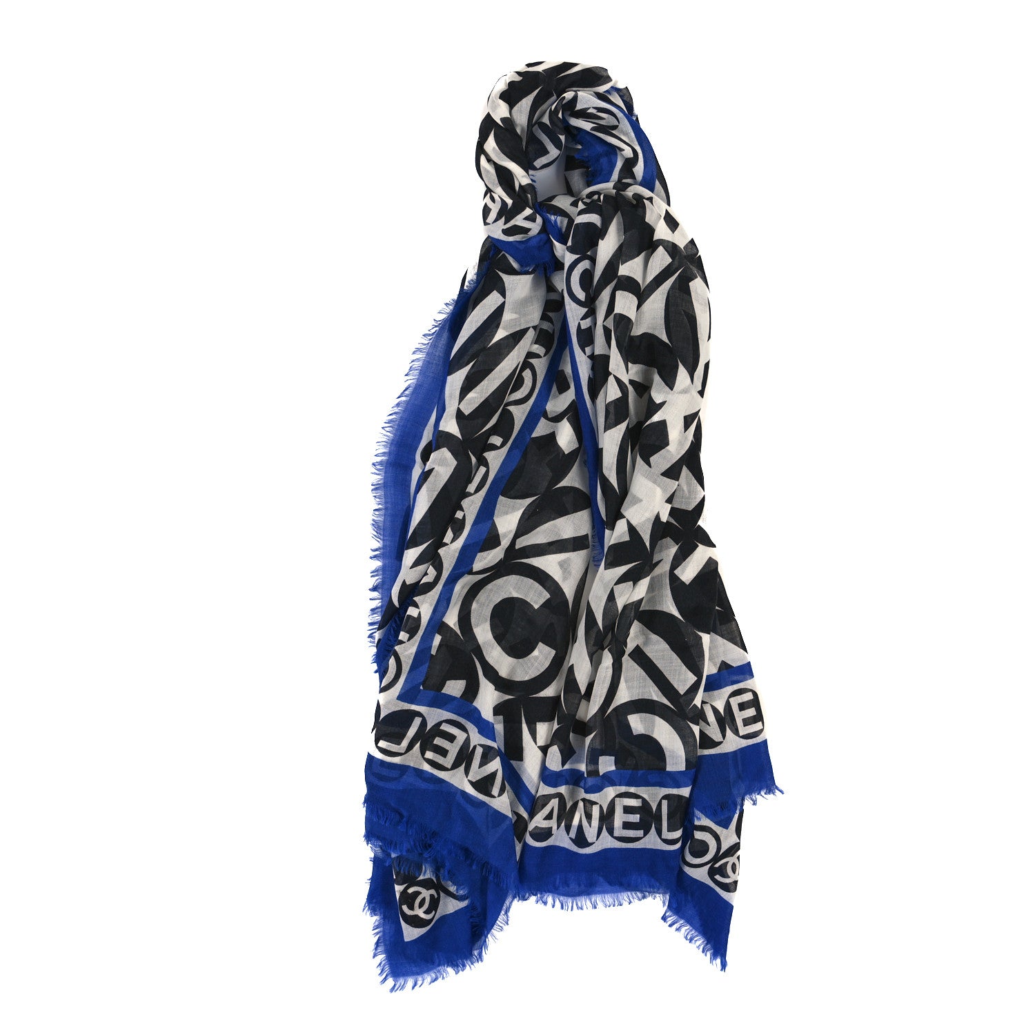 Chanel Cashmere CC Logo Scarf Blue Black White 1 of 3