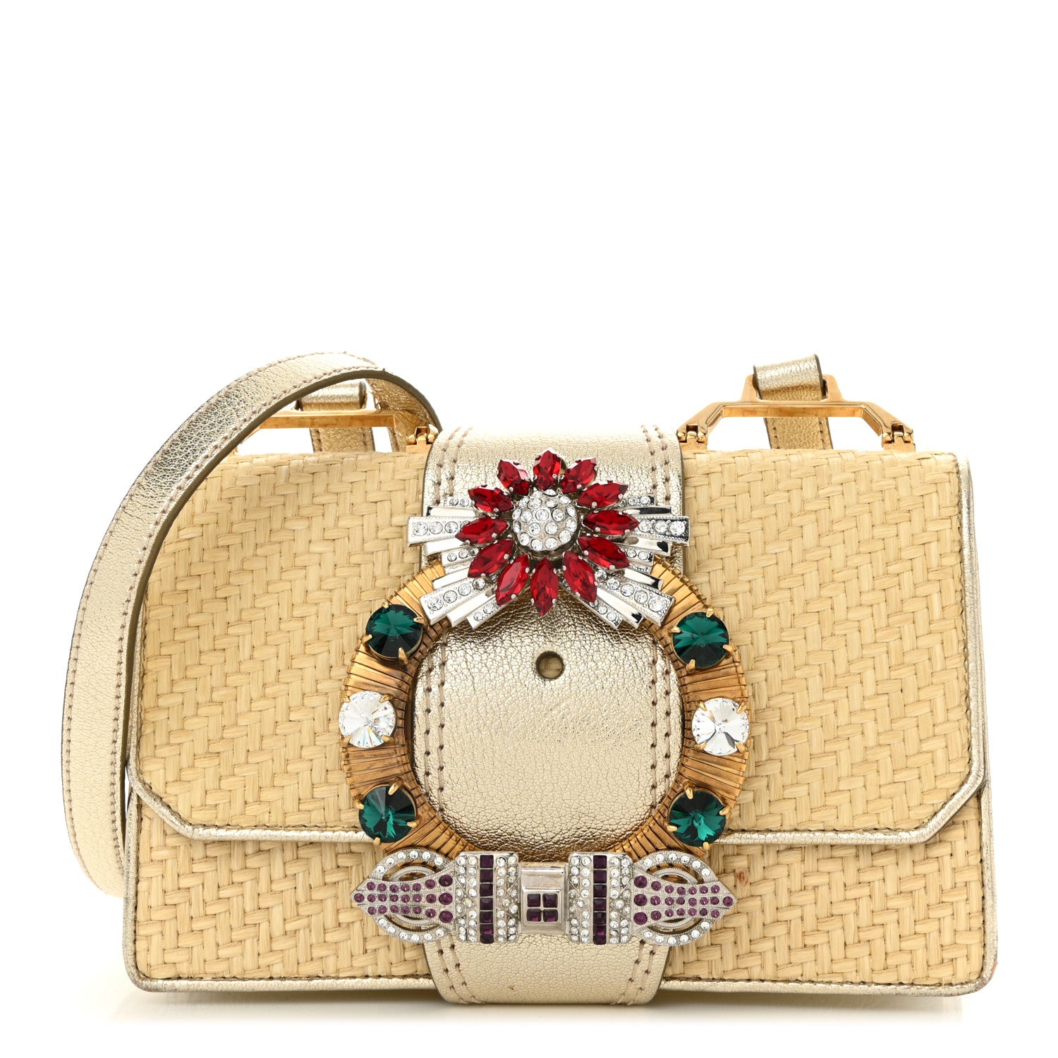 Miu Miu Raffia Madras Crystal Embellished Lady Shoulder Bag