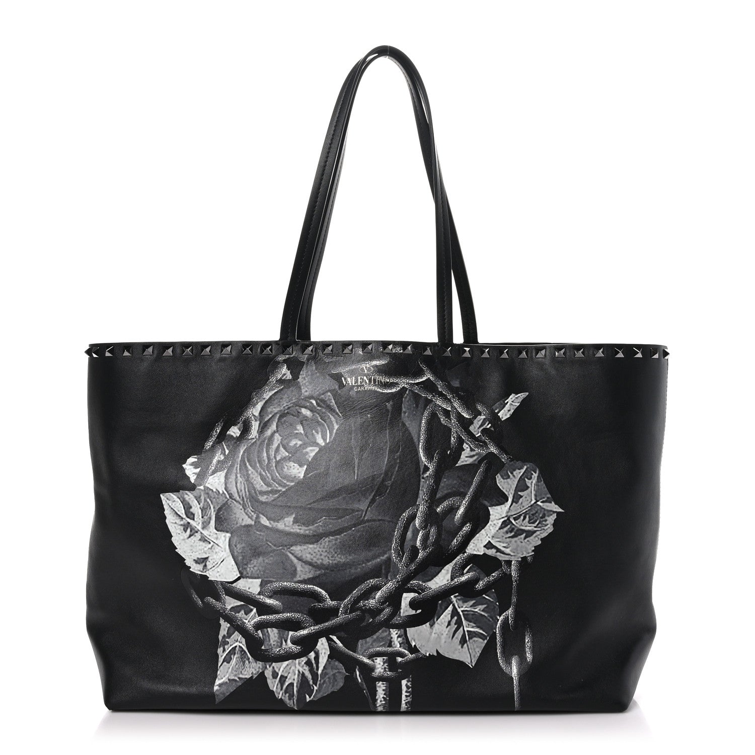 Valentino Garavani X UNDERCOVER Calfskin Print Rockstud Shoulder Tote Black 1 of 9