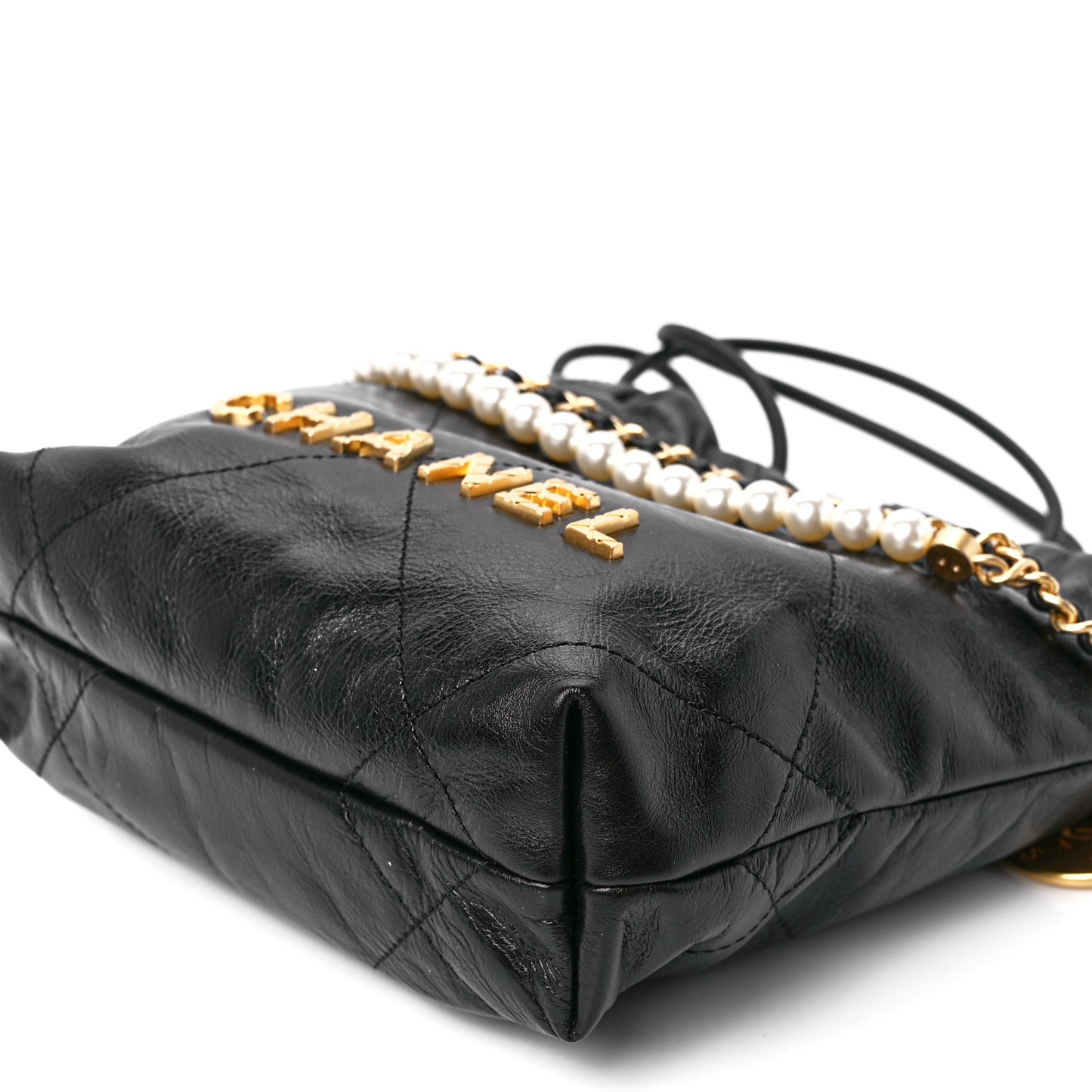 Shiny Crumpled Calfskin Quilted Pearl Mini Chanel 22 Black