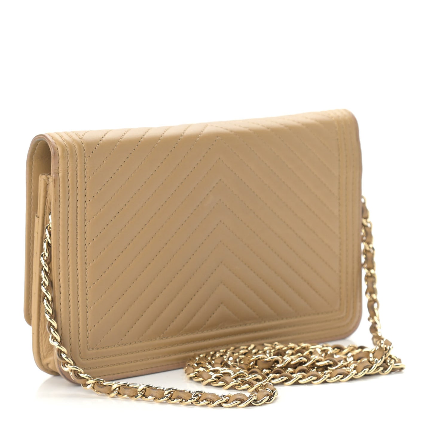 Lambskin Chevron Quilted Boy Wallet On Chain WOC Beige