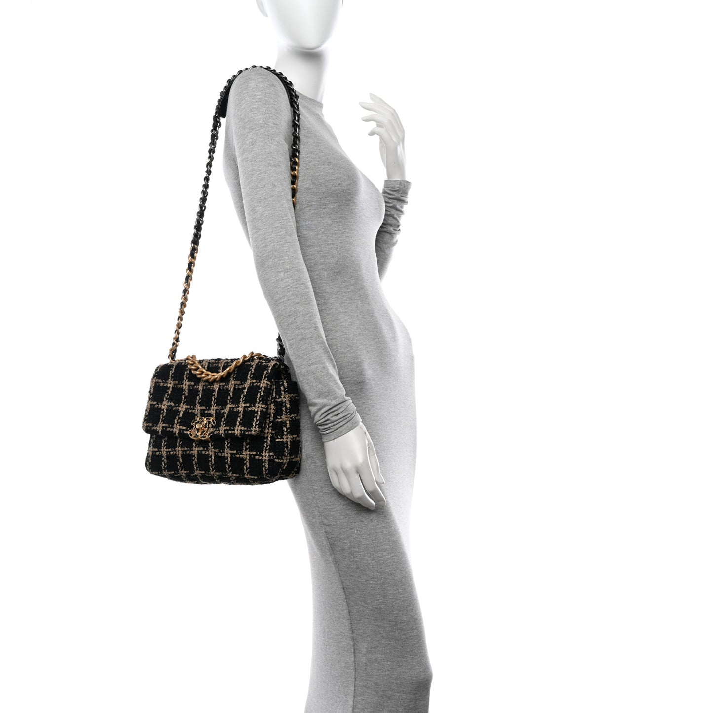 Tweed Quilted Medium Chanel 19 Flap Black Beige