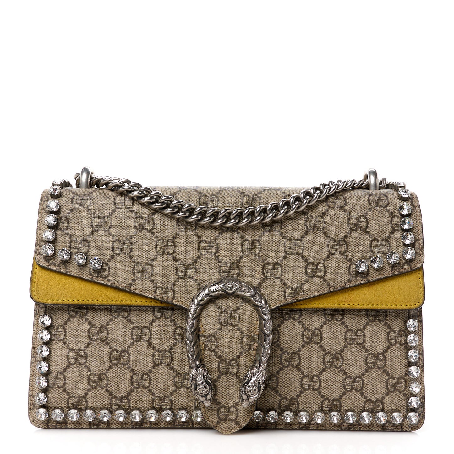GG Supreme Monogram Suede Crystal Small Dionysus Shoulder Bag Beige Ebony Yellow