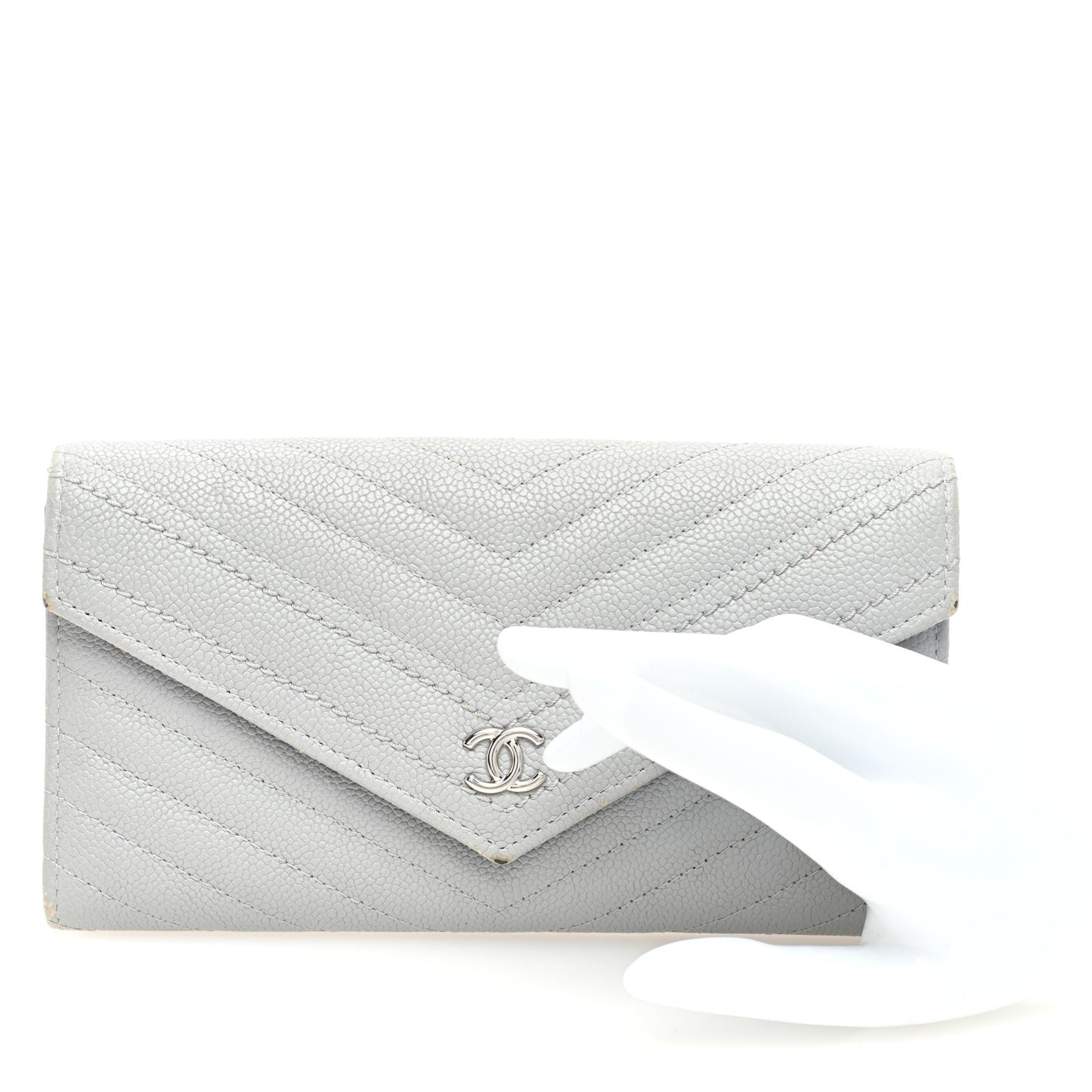 Caviar Chevron Quilted Large Gusset Flap Wallet Grey