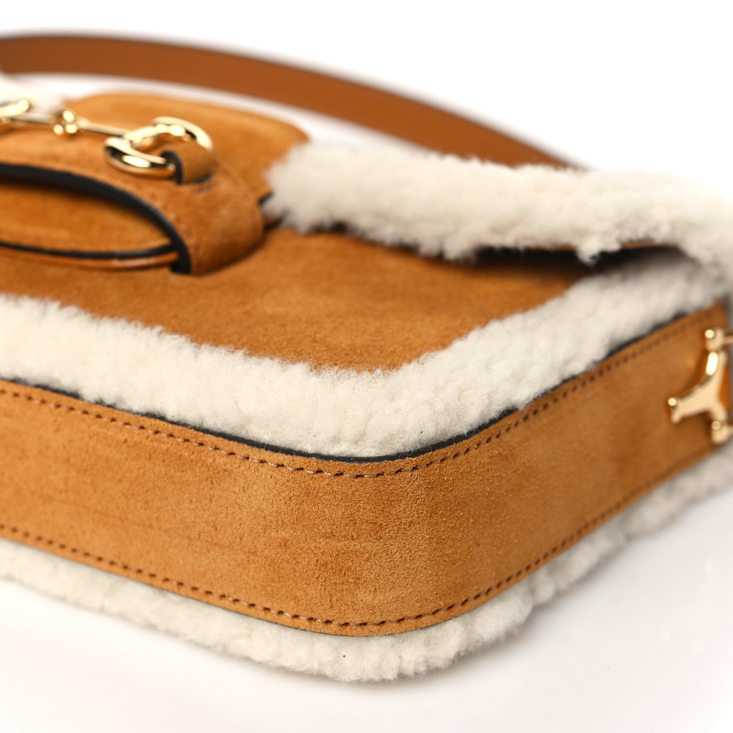 Gucci Suede Shearling Horsebit Mini 1955 Shoulder Bag Honey Beige Milk 12 of 12