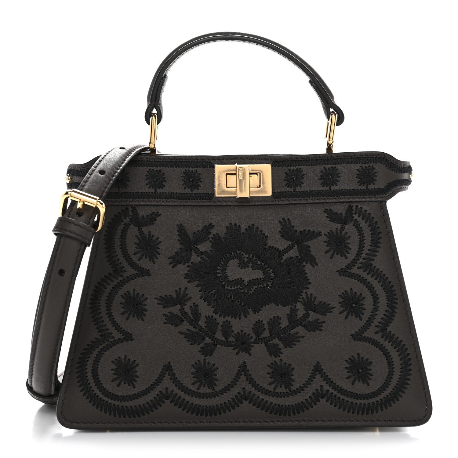 Fendi Vitello Seta Shiny Nappa Floral Embroidered Petite Peekaboo