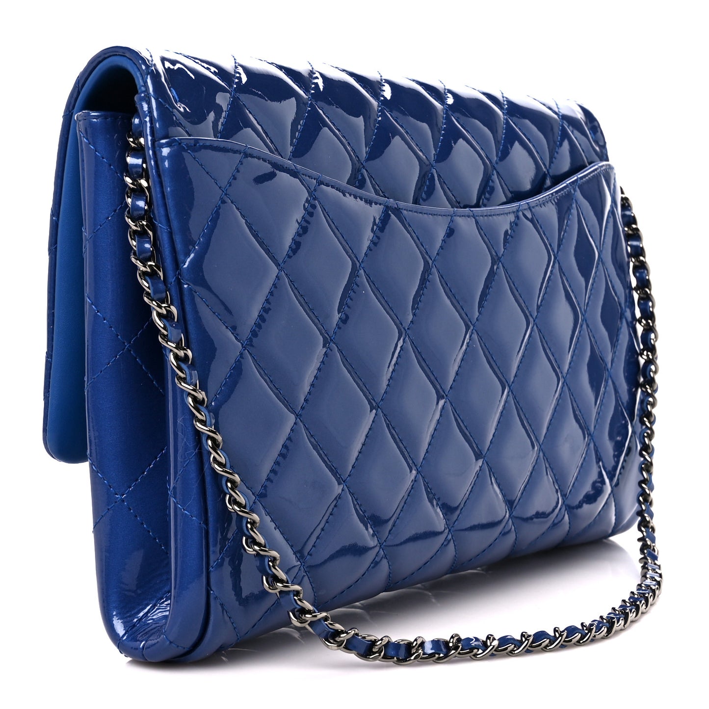 Patent Quilted Clutch with Chain Flap Blue