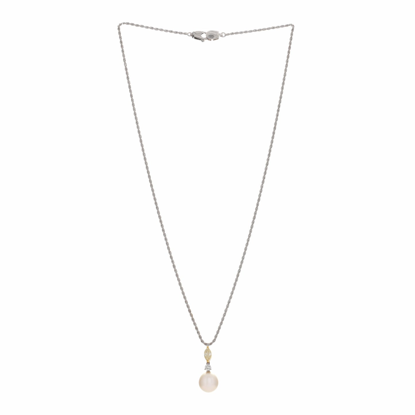18K White Gold Yellow Diamond Pearl Drop Cluster Pendant Necklace