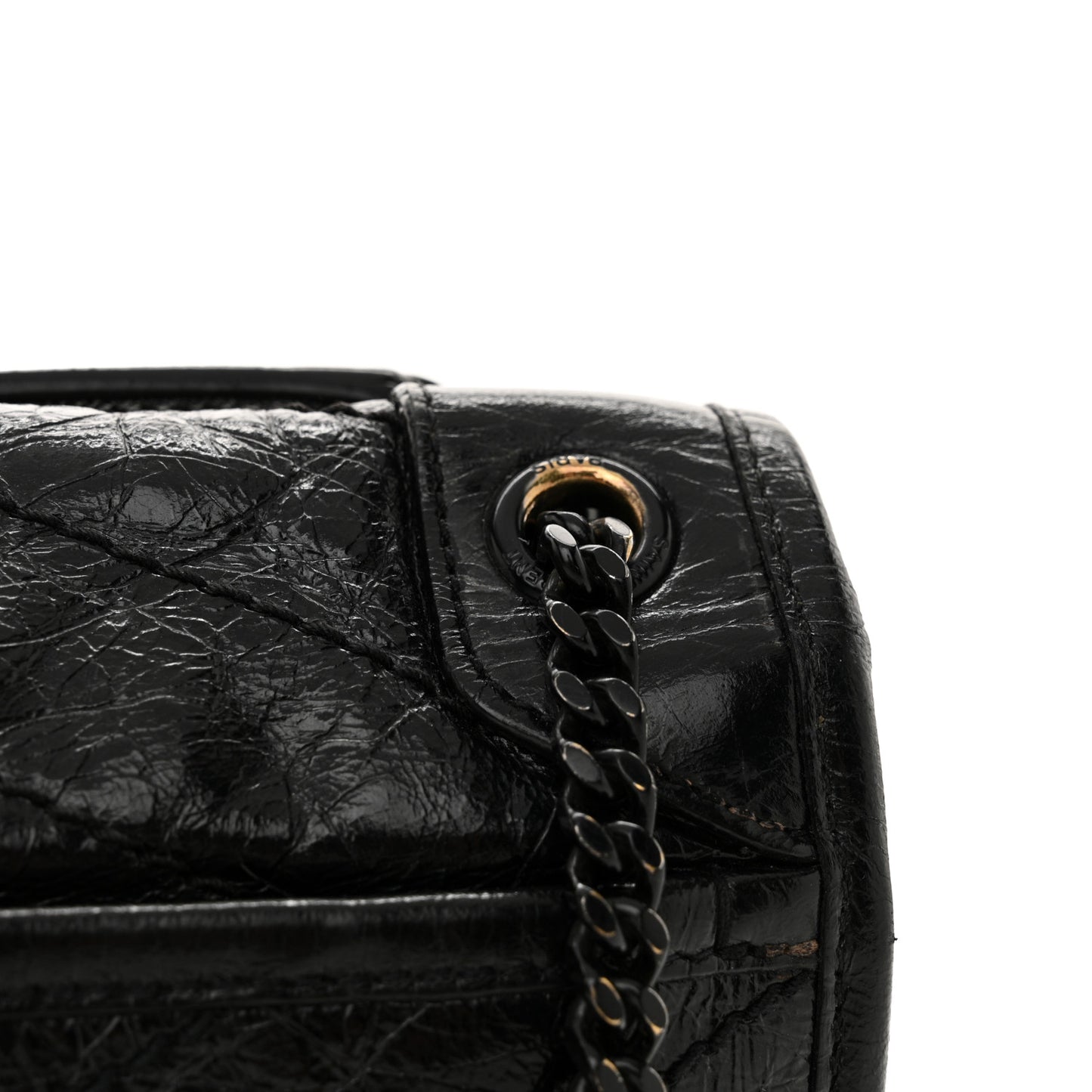 Crinkled Calfskin Matelasse Monogram Baby Niki Chain Satchel Black