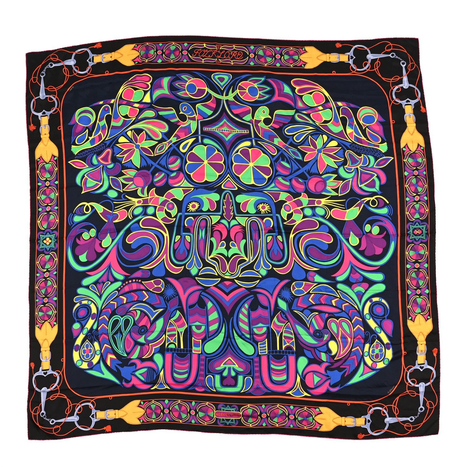 Hermes Silk Folklore Scarf 140 Caban Black Fuchsia 1982988
