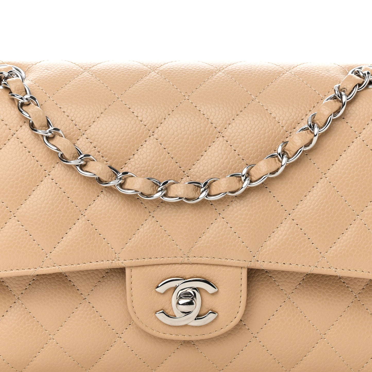 Caviar Quilted Medium Double Flap Beige