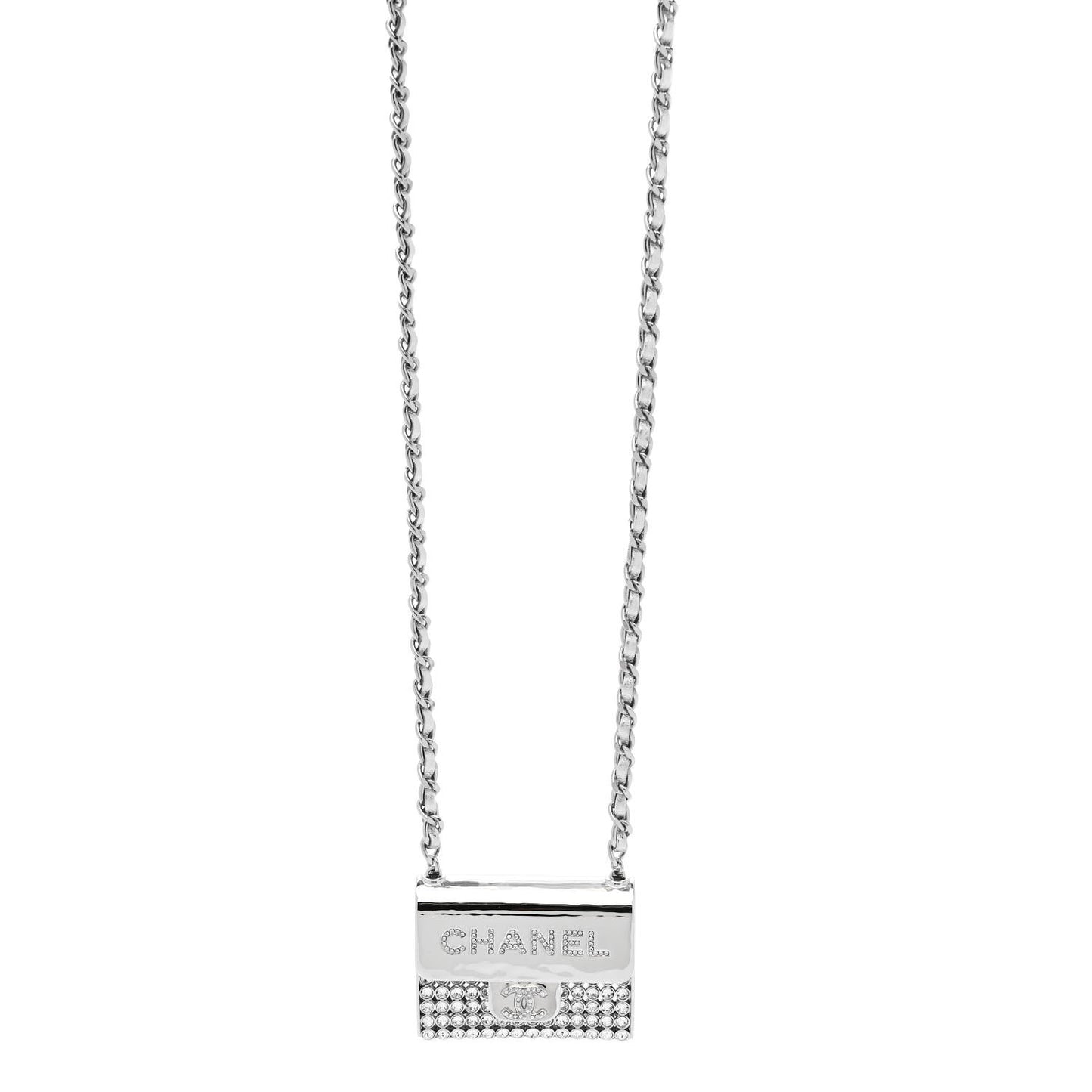 Metal Lambskin Strass Crystal Purse CC Long Necklace Silver