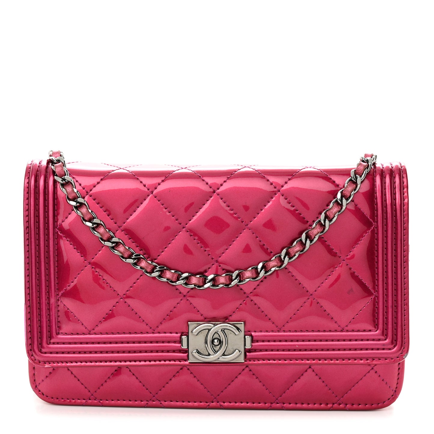 Metallic Patent Calfskin Quilted Boy Wallet on Chain WOC Fuchsia