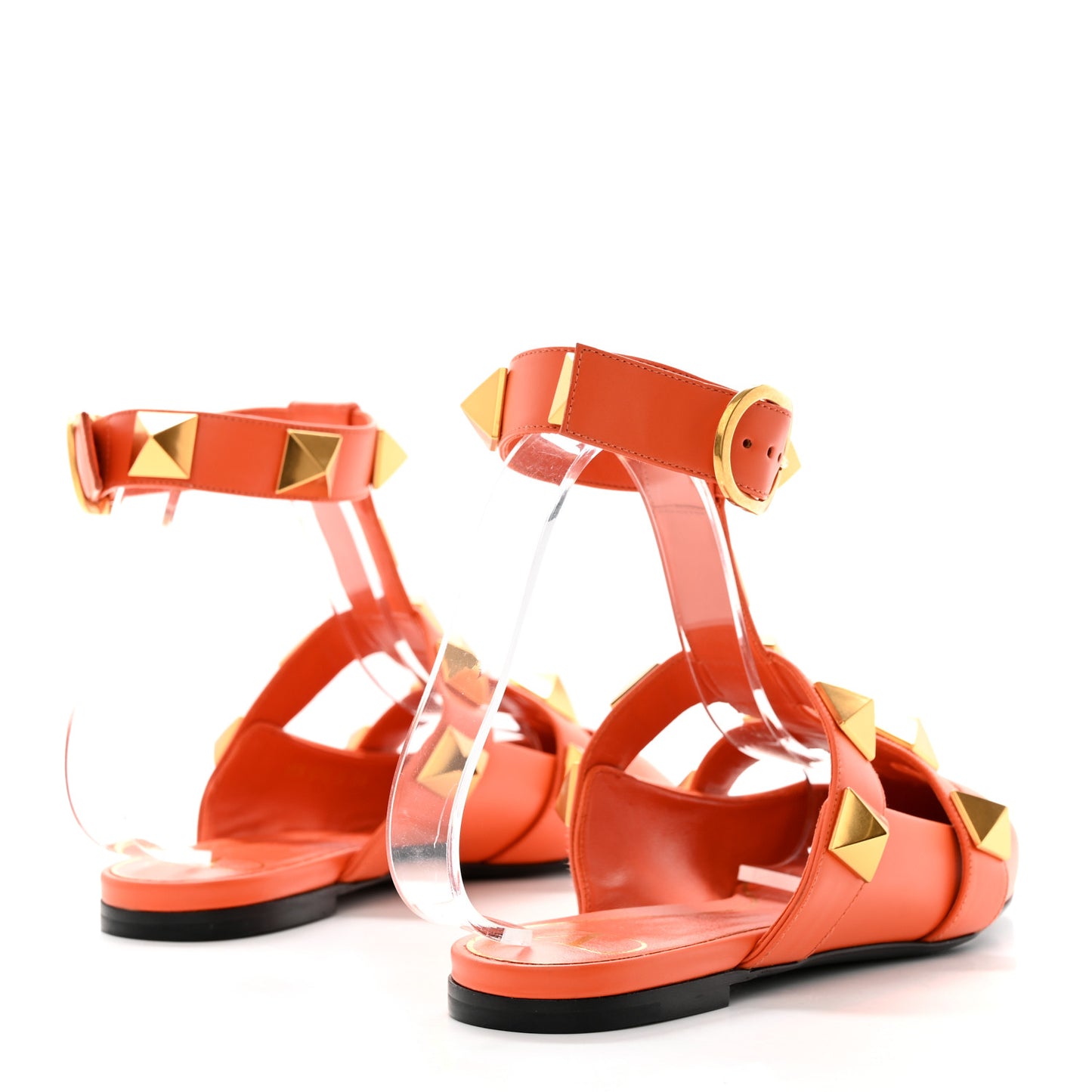 Calfskin Roman Stud Ankle Strap Flat Mules 38 Orange Zest