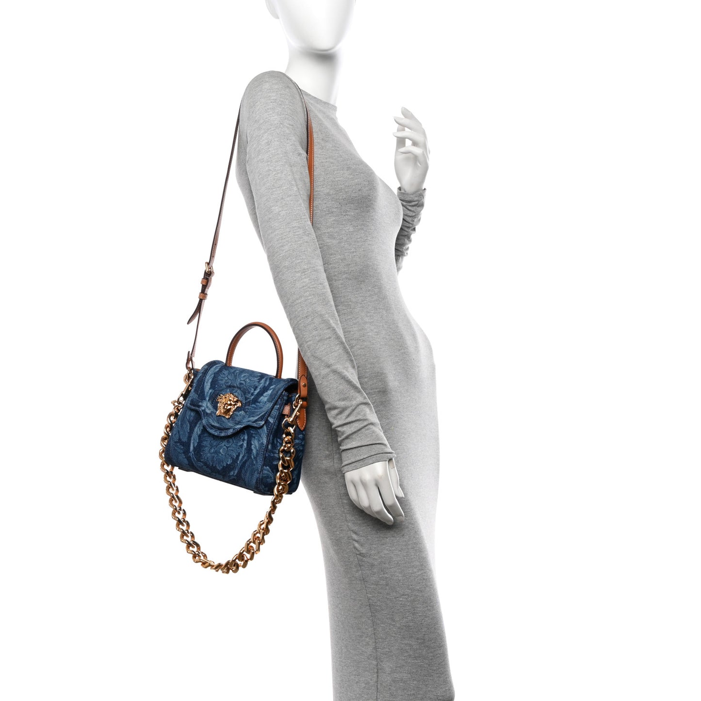 Denim Barocco Small La Medusa Chain Top Handle Handbag Blue Camel