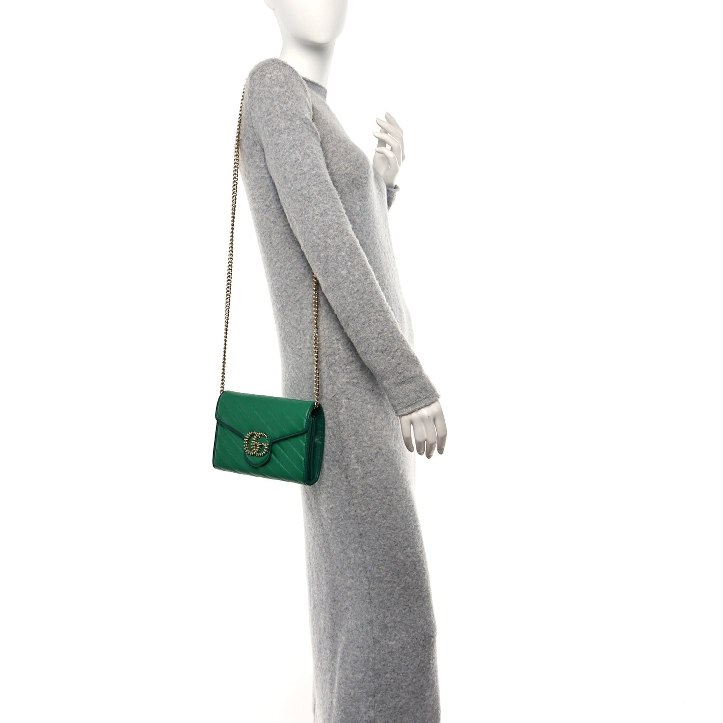 Azalea Calfskin Enamel Matelasse Diagonal Torchon GG Marmont Chain Wallet New Shamrock Emerald