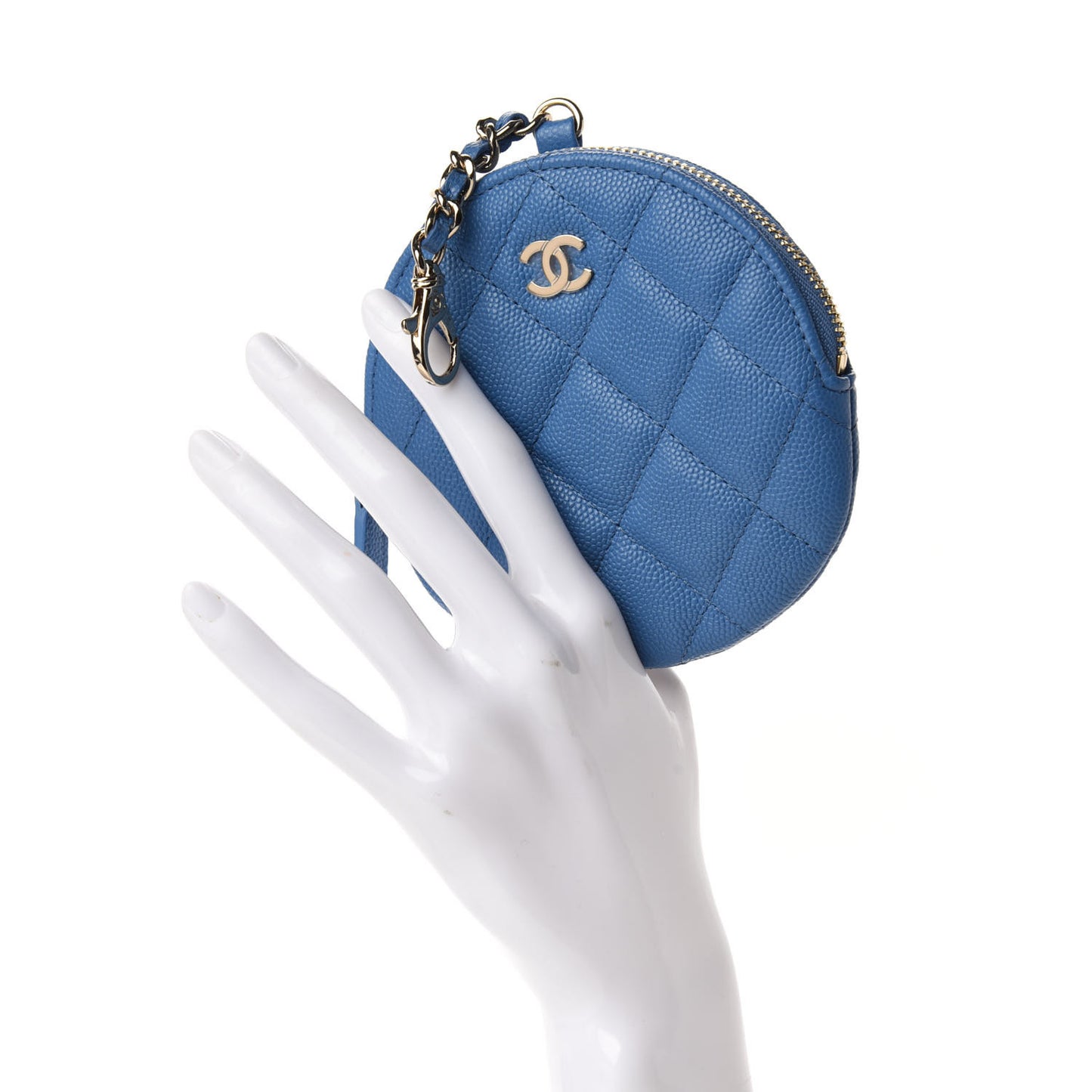 Caviar Quilted Round Clip On Coin Purse Blue