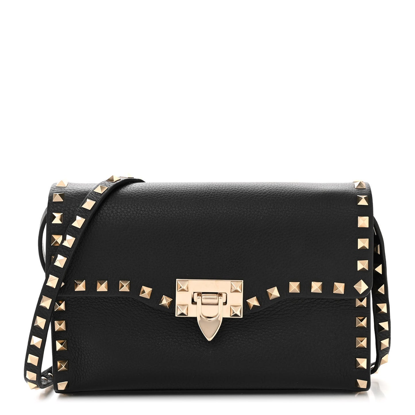 Pebbled Calfskin Medium Rockstud Flip Lock Crossbody Bag Black