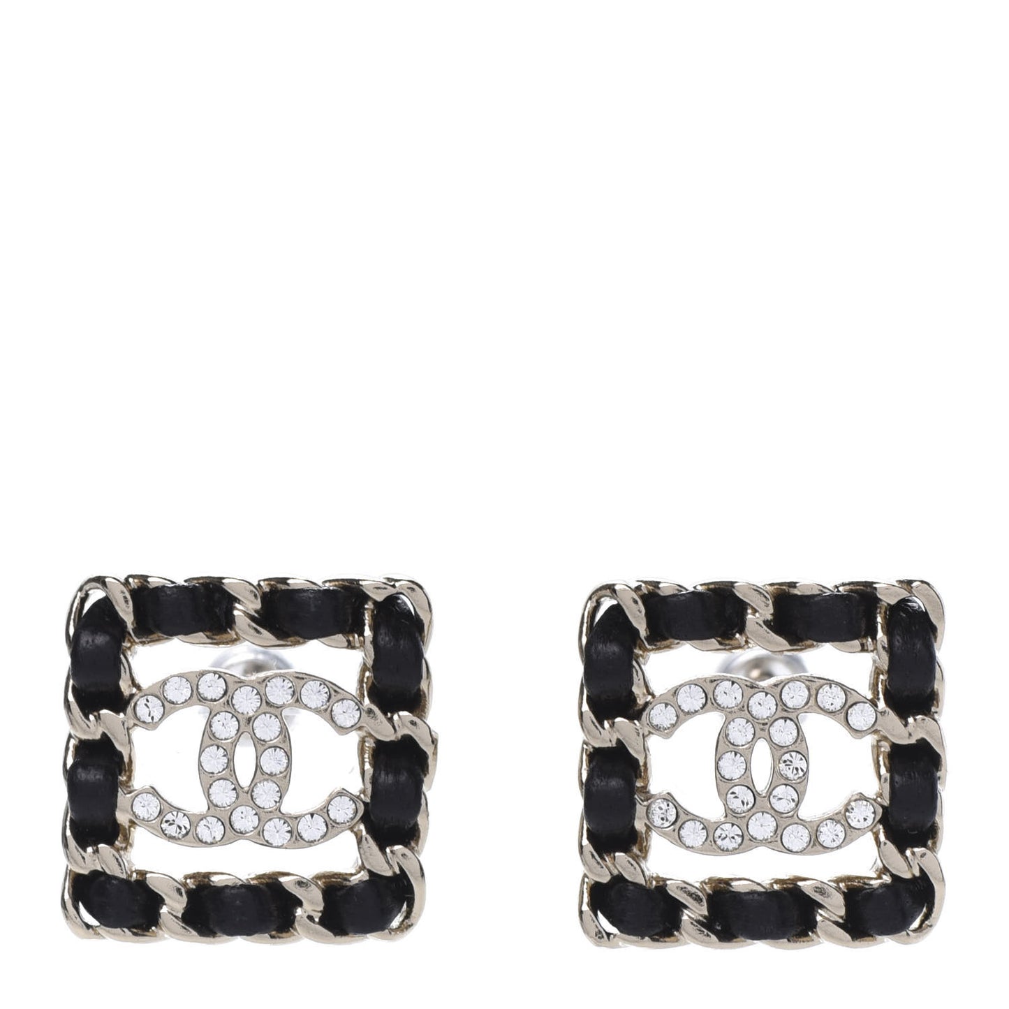 Crystal Lambskin Chain Sergeant Stud Earrings Black Gold