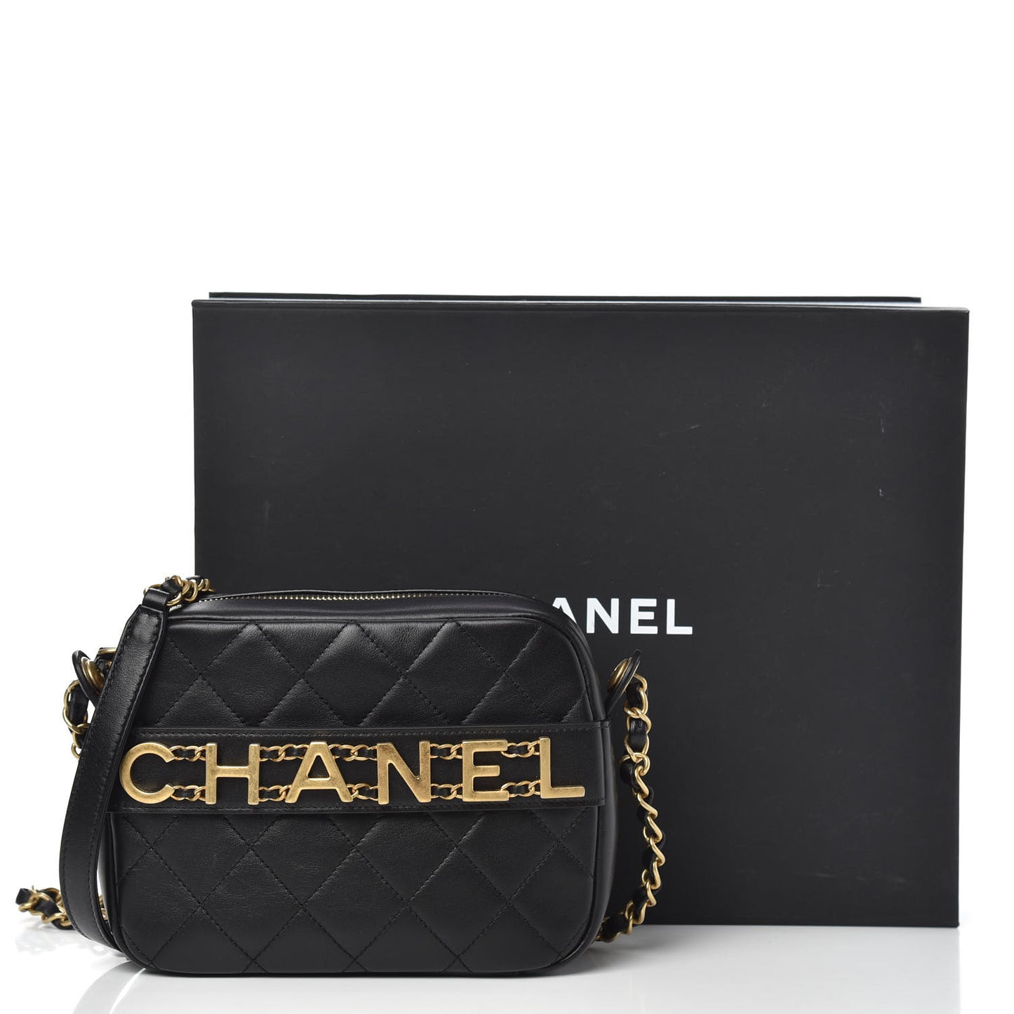 Calfskin Quilted Enchained Camera Case Bag Black