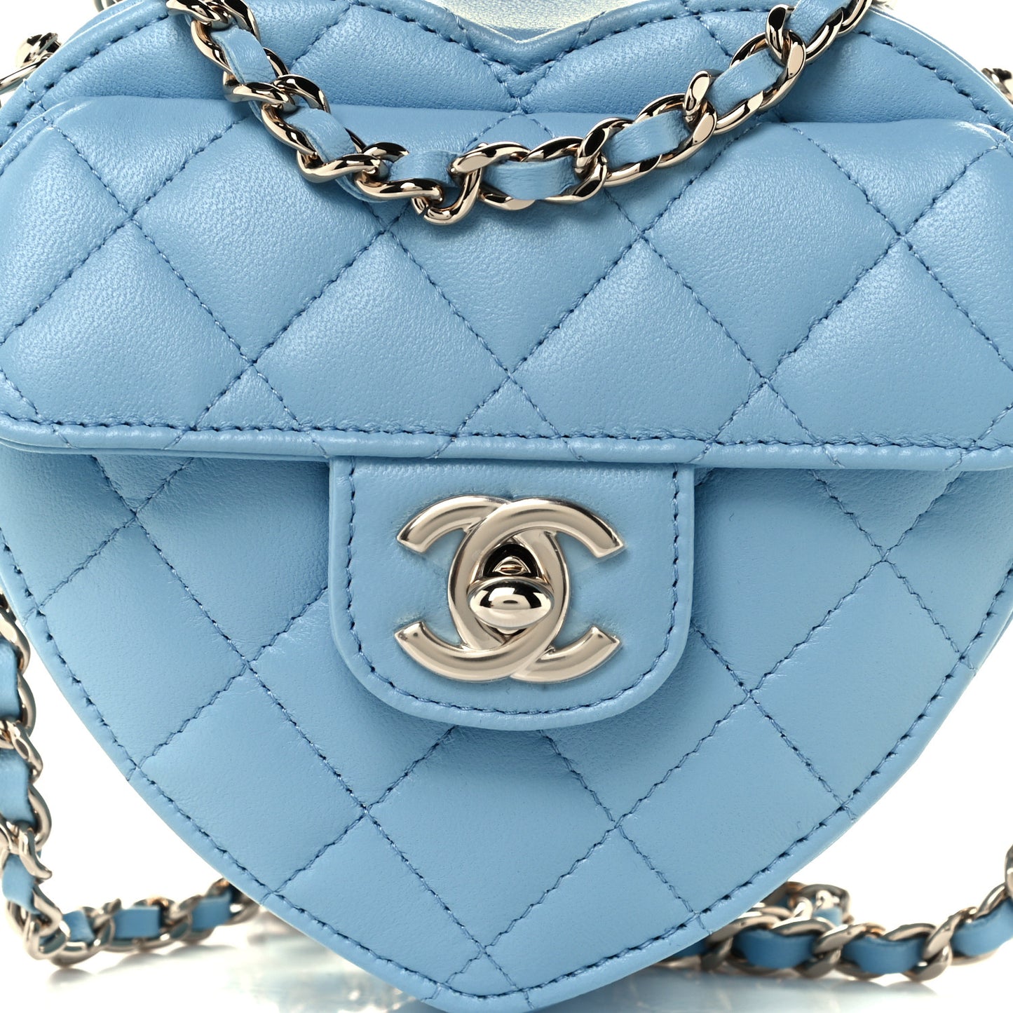Lambskin Quilted CC In Love Heart Clutch With Chain Light Blue