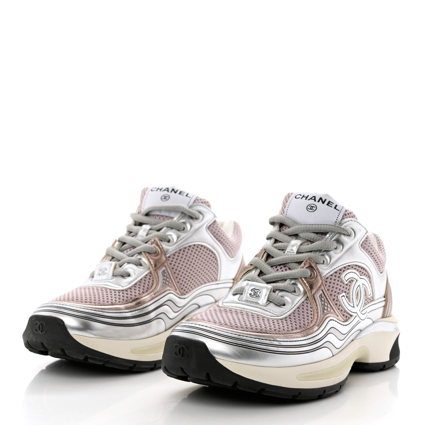 Fabric Laminated Calfskin Stretch CC Sneakers 37 Pink Silver