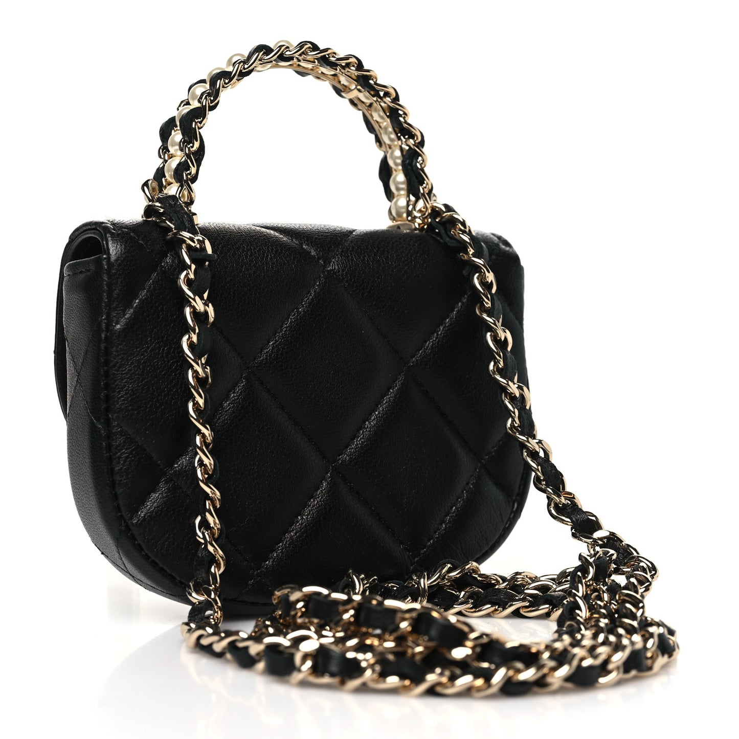 Lambskin Quilted Pearl Top Handle Clutch With Chain Black