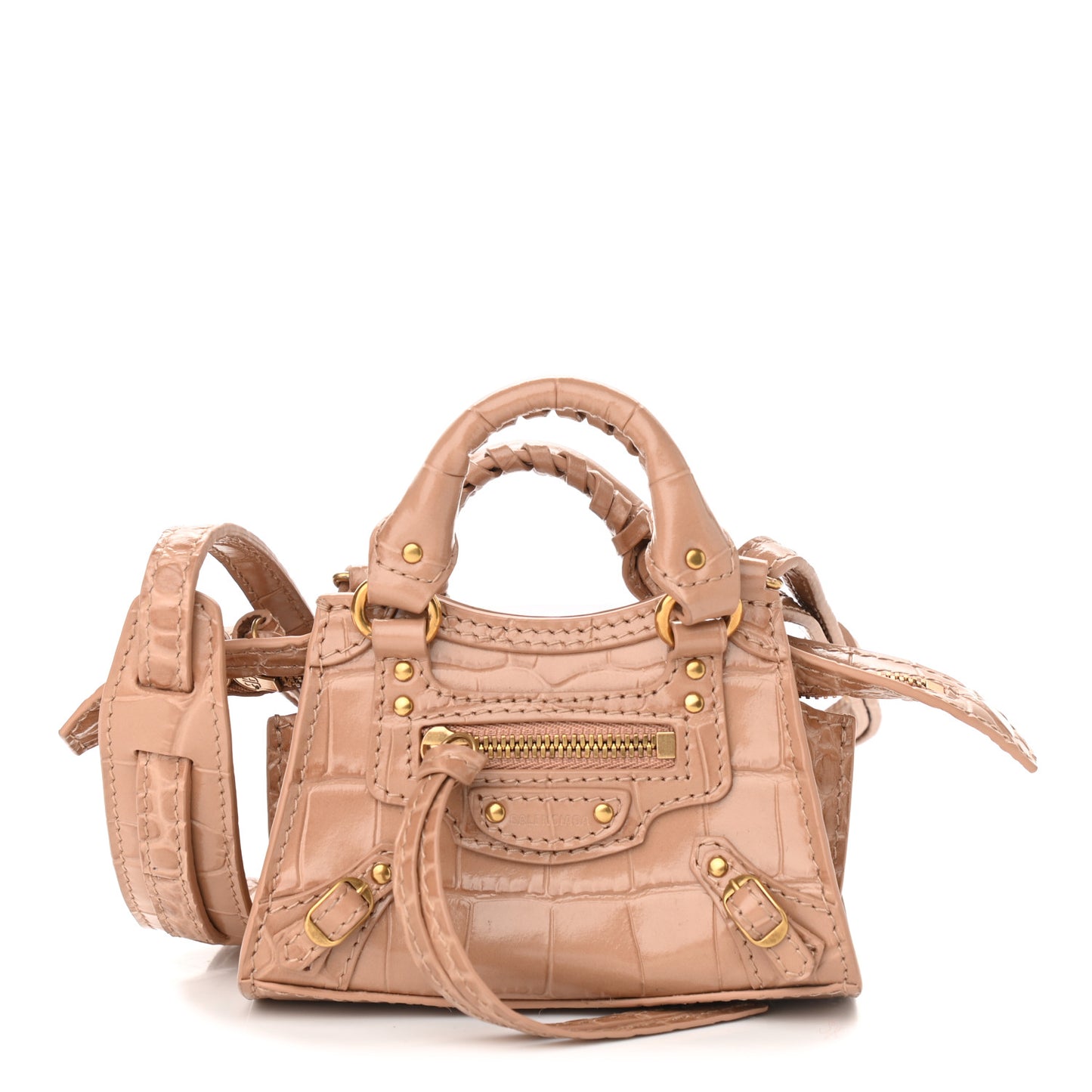 Shiny Supple Calfskin Crocodile Embossed Neo Classic Gold Hardware Super Nano City Crossbody Nude Beige