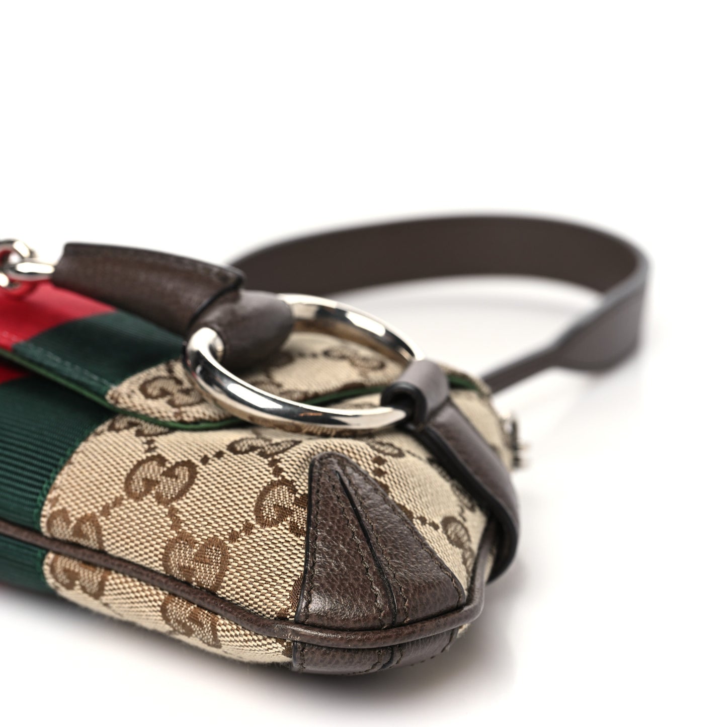 Monogram Textured Dollar Calfskin Heavy Grosgrain Web Small Maxi Horsebit Chain Shoulder Bag Beige Ebony New Acero