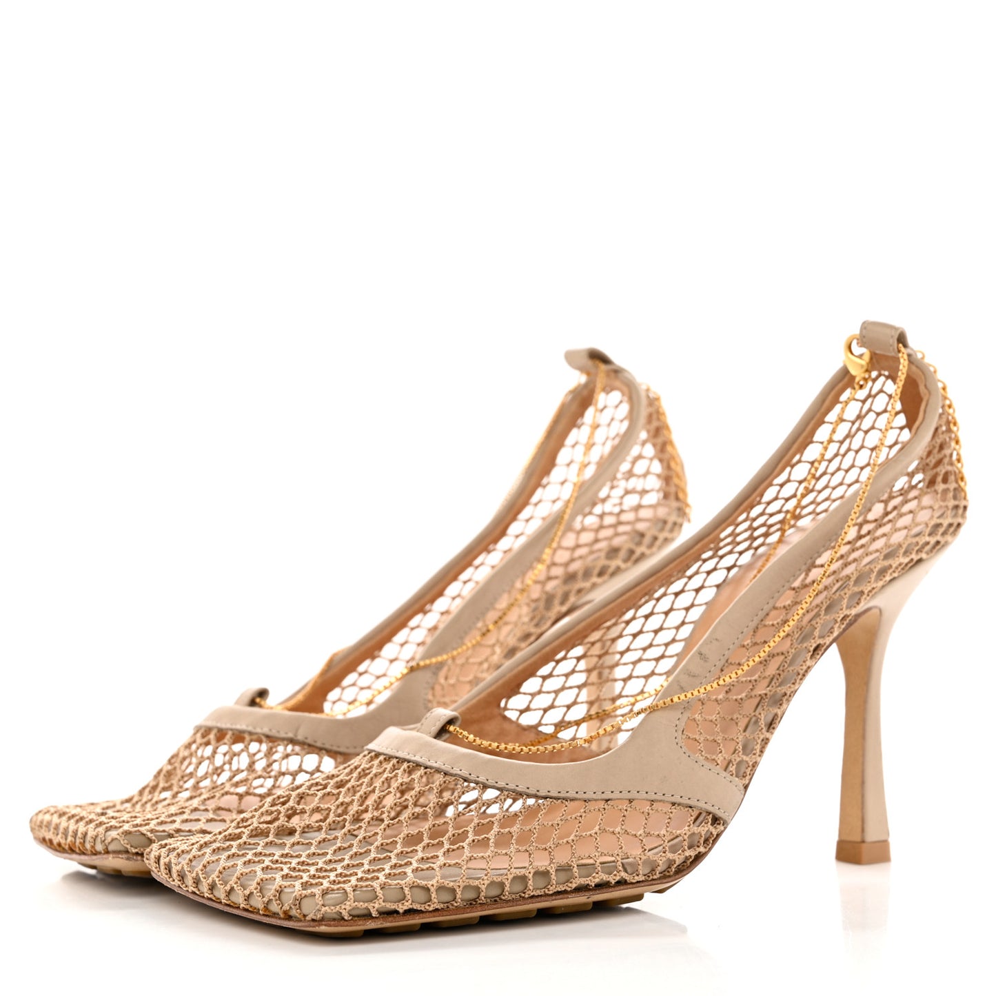 Mesh Calfskin Chain Stretch Pumps 37 Beige