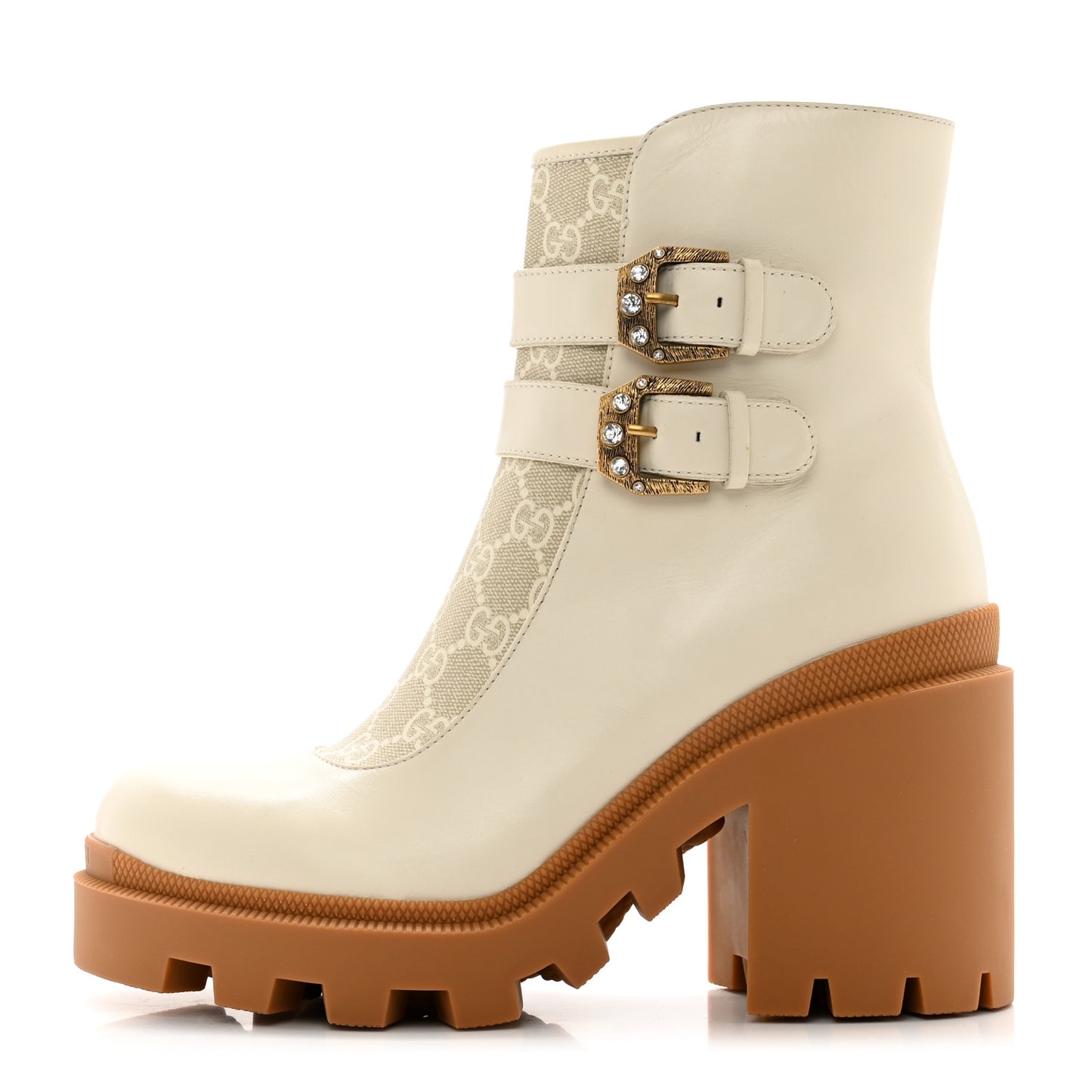 Kensington Calfskin Nappa GG Supreme Monogram Womens Double Buckle Ankle Boots 39 Mystic White Beige