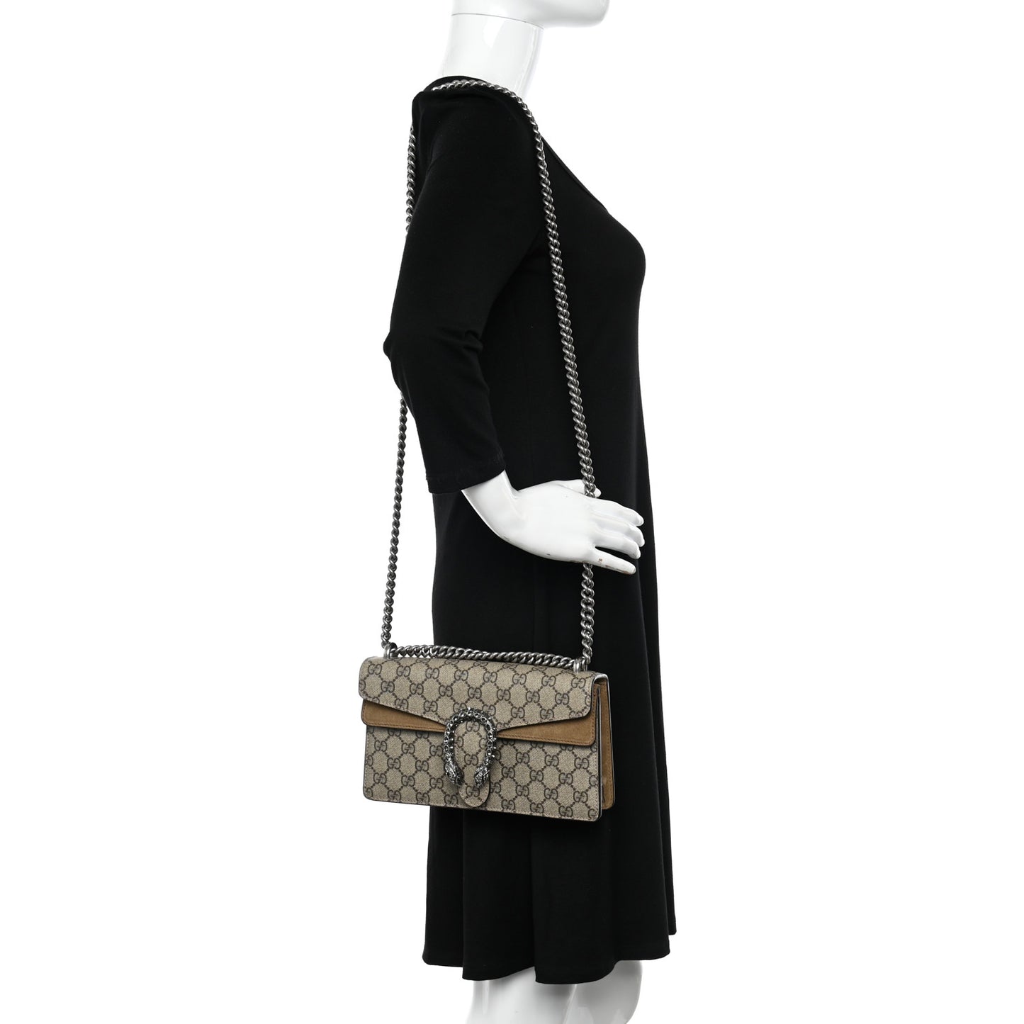 GG Supreme Monogram Suede Crystal Small Dionysus Shoulder Bag Beige Ebony Taupe