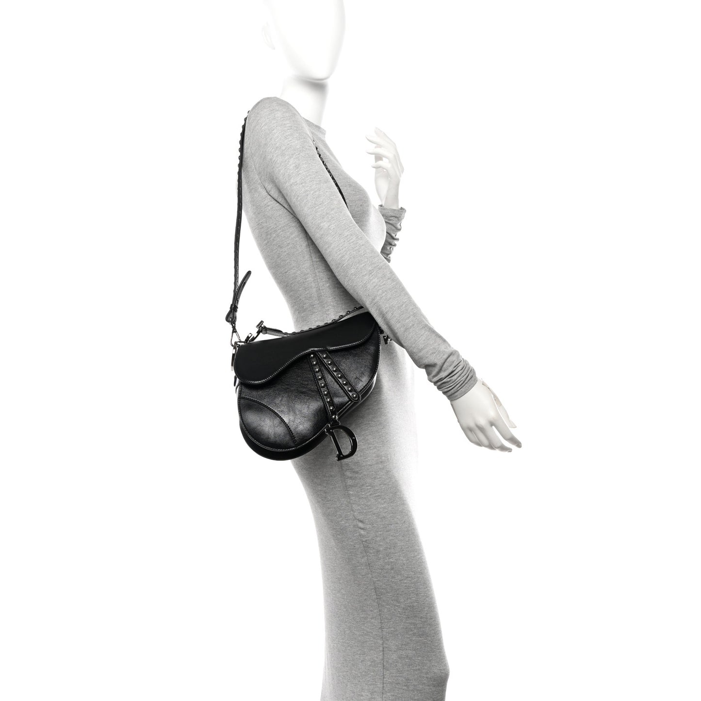 Crinkled Patent Lambskin Studded Saddle Bag With Strap Black