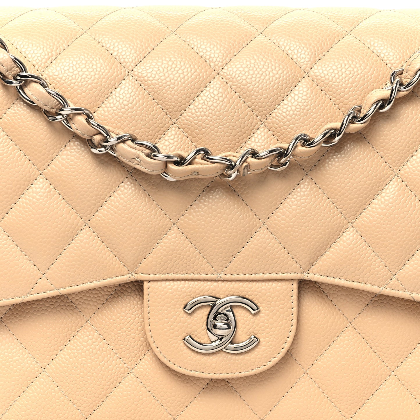 Caviar Quilted Jumbo Double Flap Beige