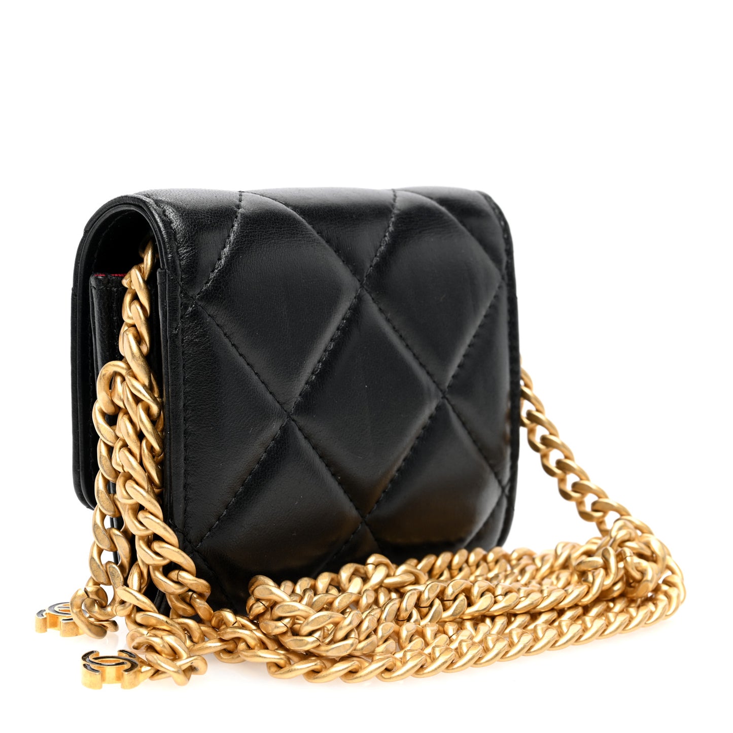 Lambskin Enamel Quilted Pending CC Card Holder On Chain Black