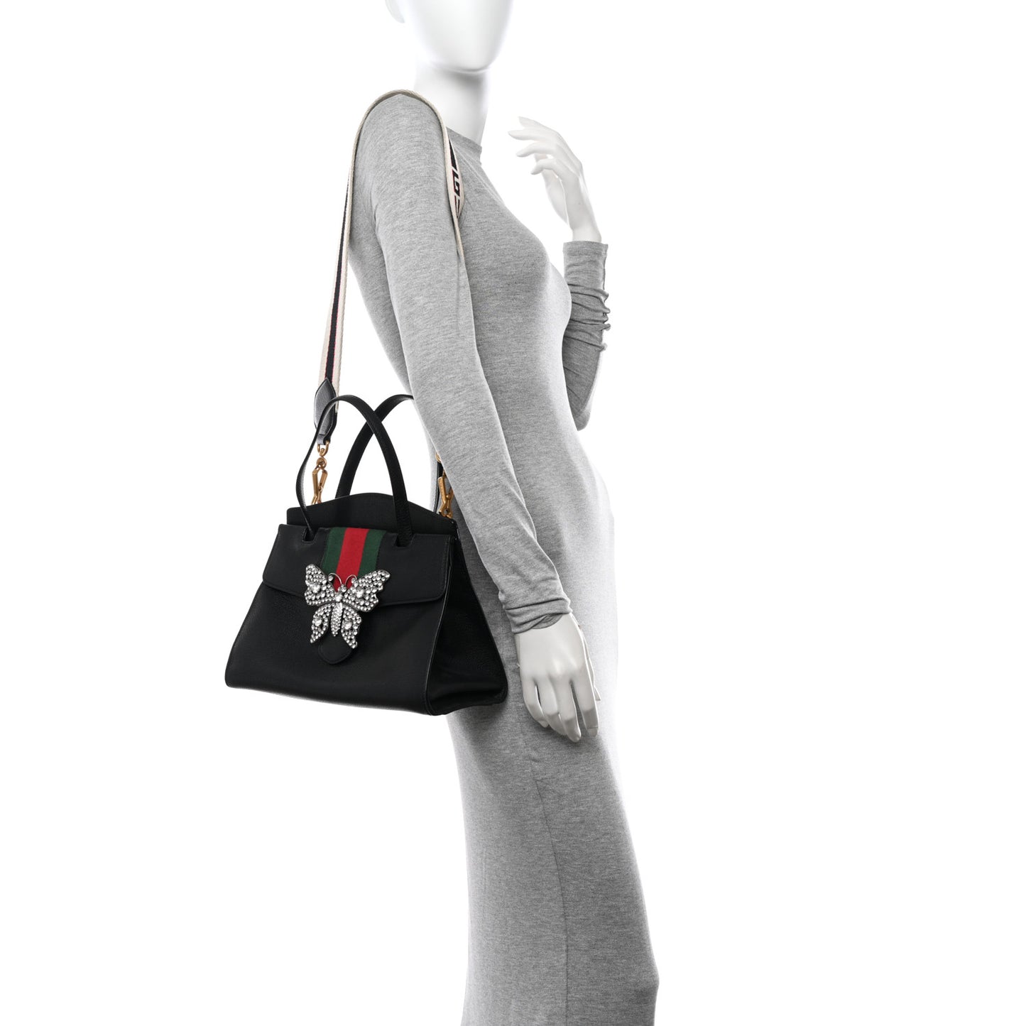 Grained Calfskin Web Crystal Butterfly Stripe Medium Totem Top Handle Bag Black