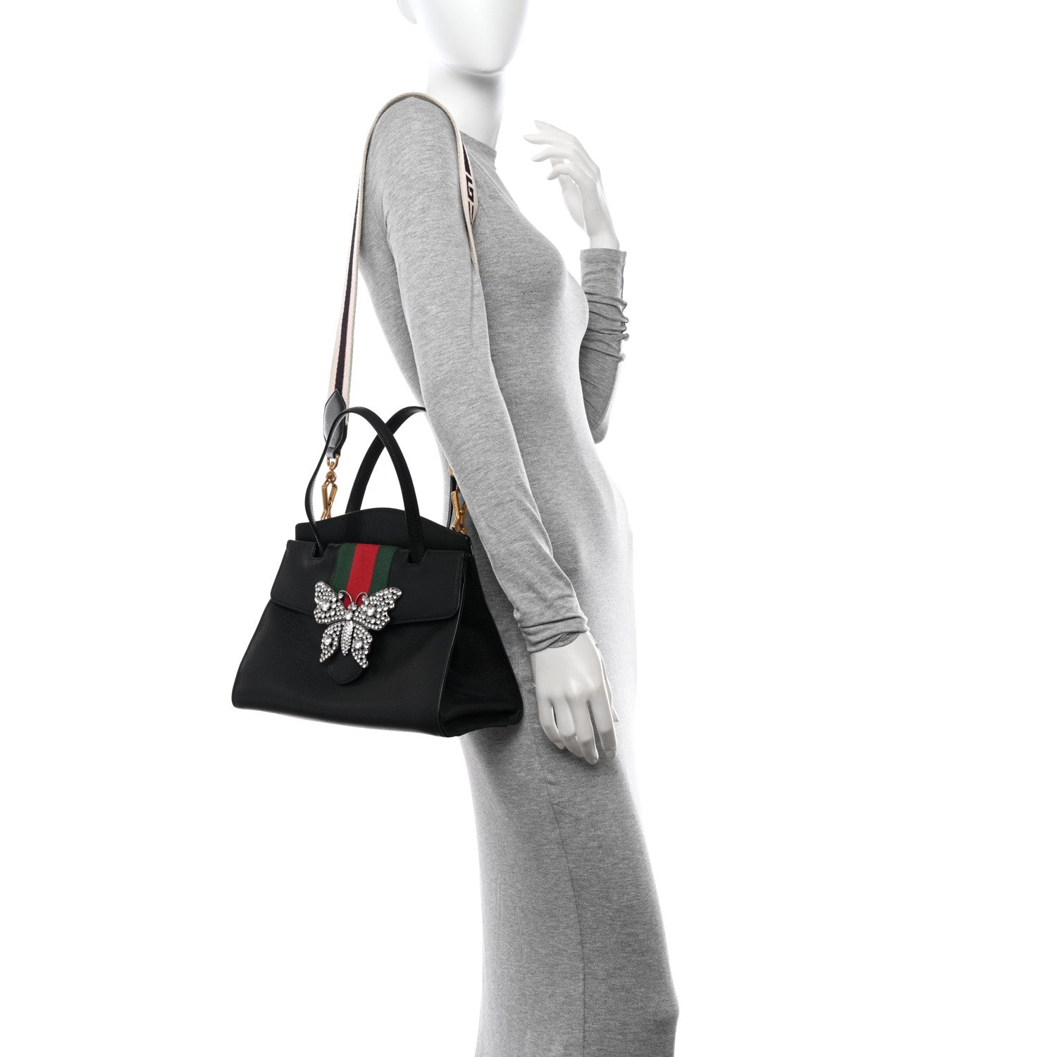 Gucci Grained Calfskin Web Crystal Butterfly Stripe Medium Totem Top Handle Bag Black 2 of 14