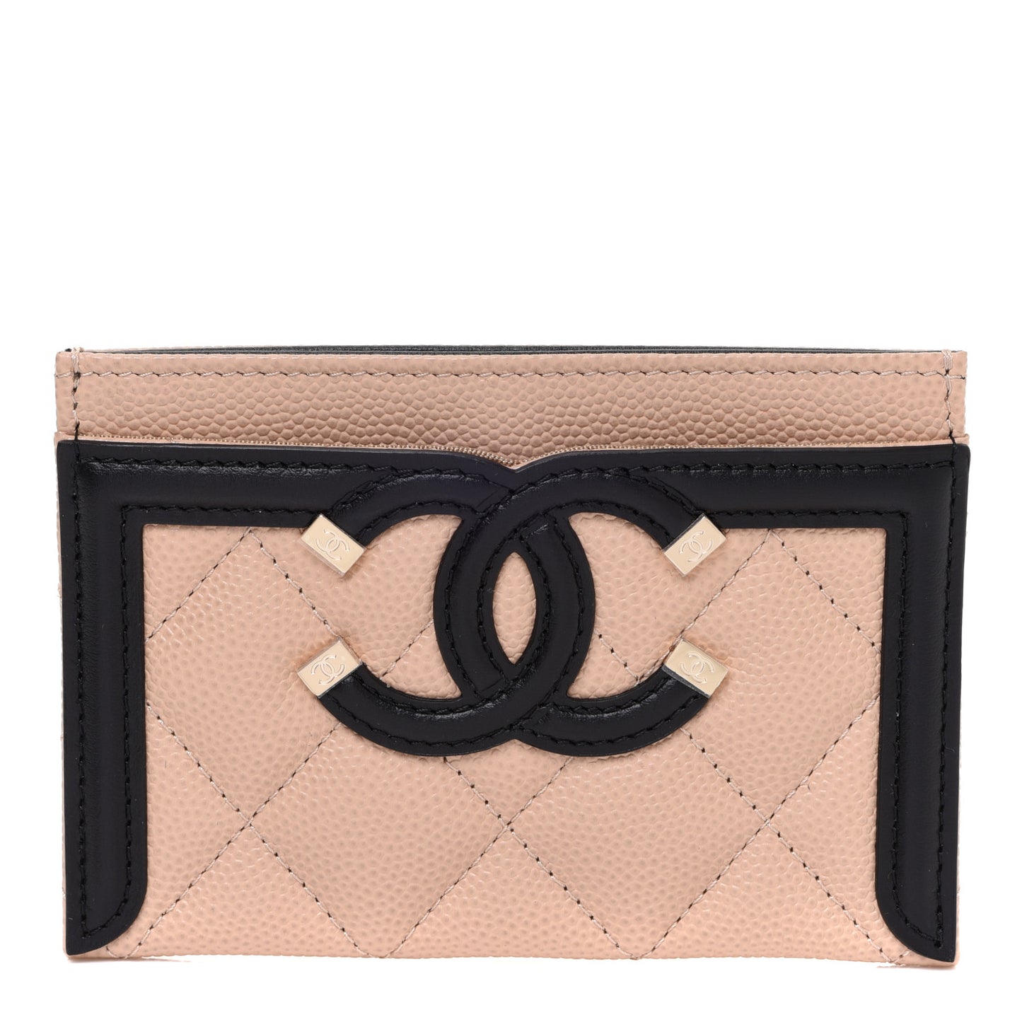 Caviar Quilted Filigree Card Holder Beige Black