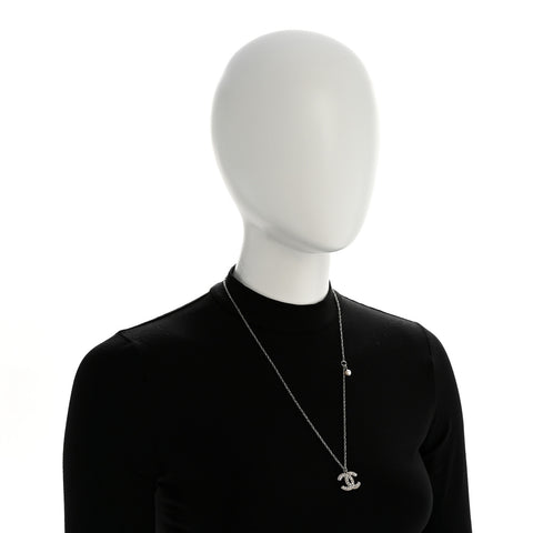 Crystal Pearl CC Pendant Necklace Silver