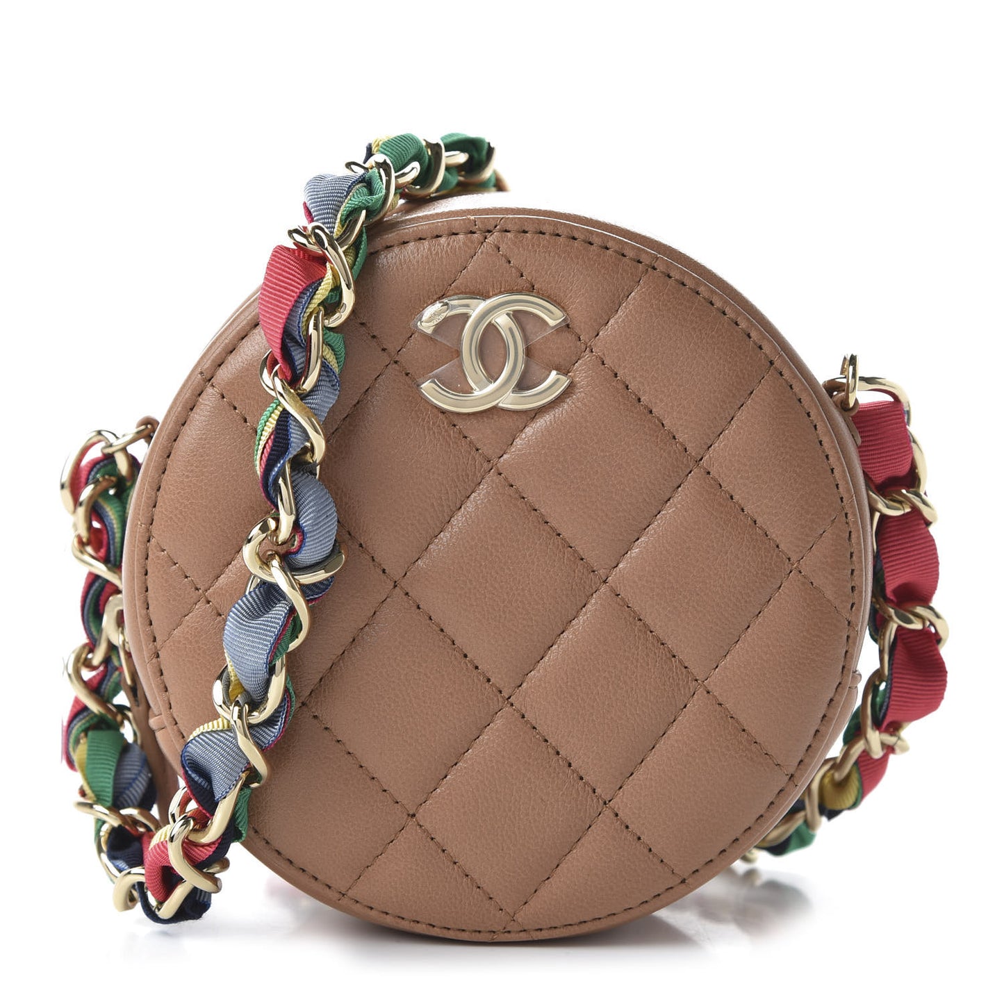 Shiny Lambskin Ribbon Quilted Round Clutch With Chain Brown