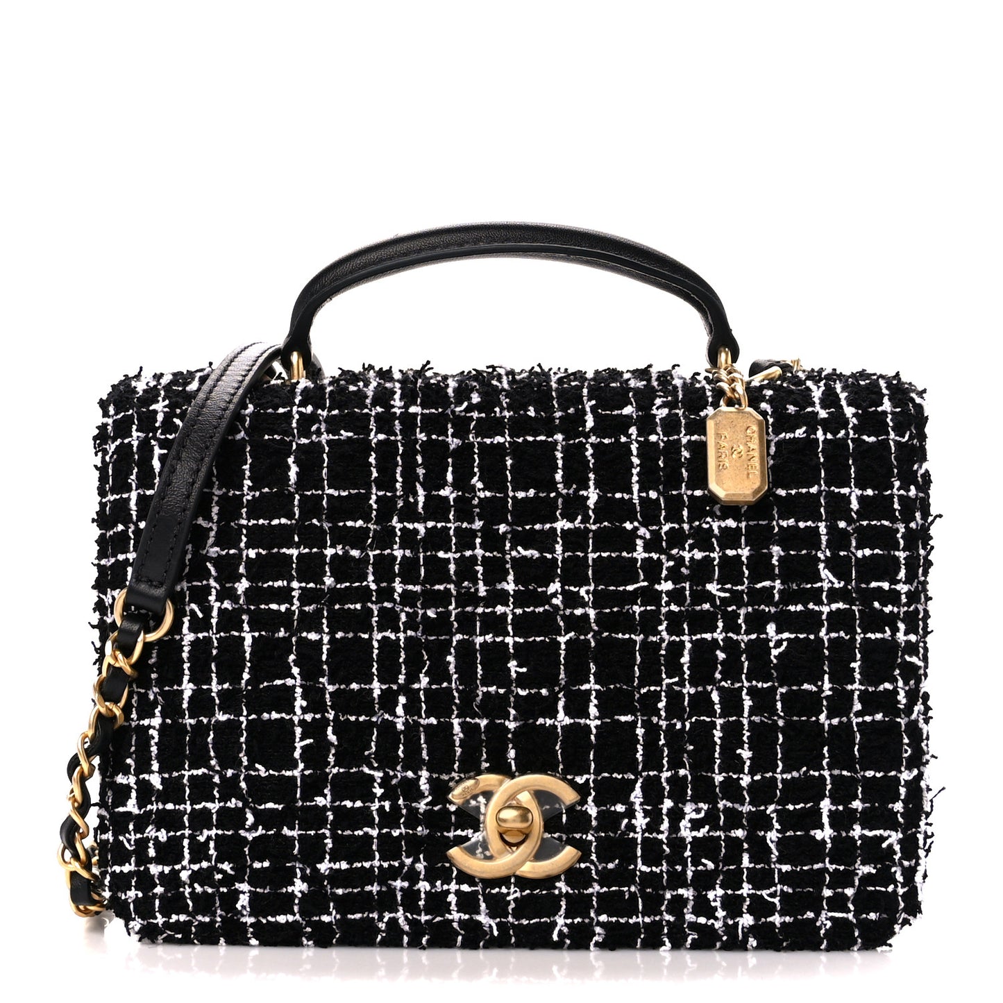 Tweed Lambskin Quilted Top Handle Flap Black White