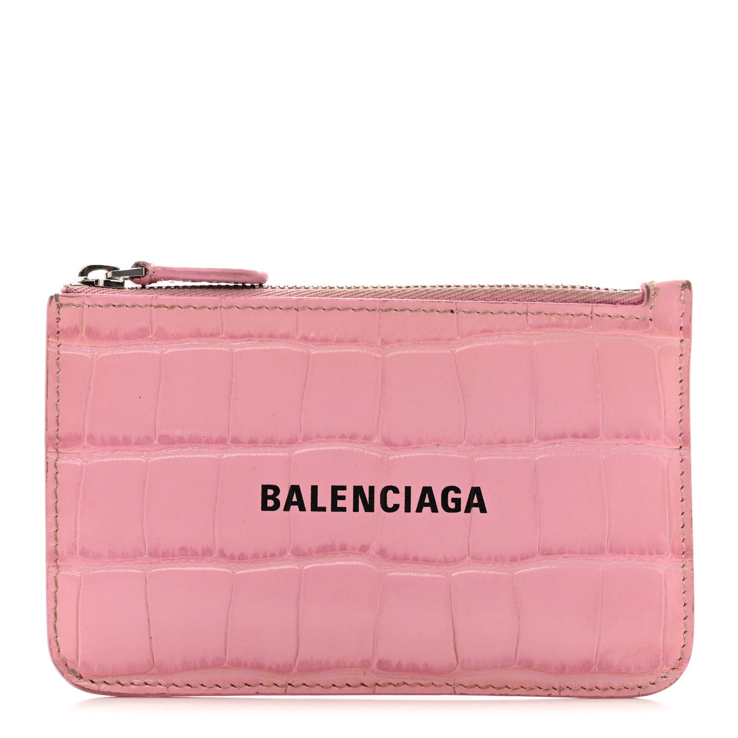Balenciaga Shiny Calfskin Logo Crocodile Embossed Large Cash Long Coin Card Holder Pink Black 1 of 8
