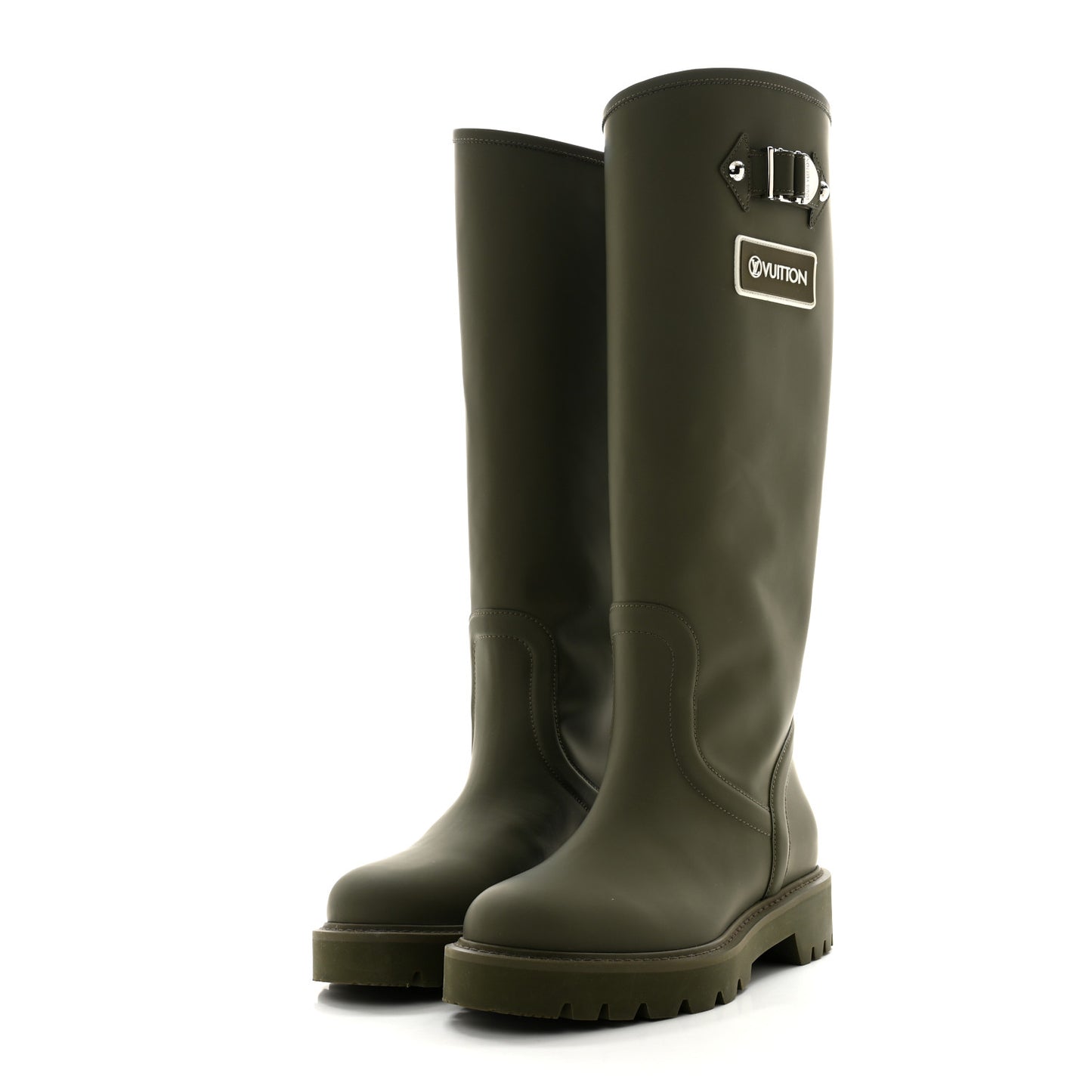 Rubber Calfskin Territory Flat High Boots 36 Khaki