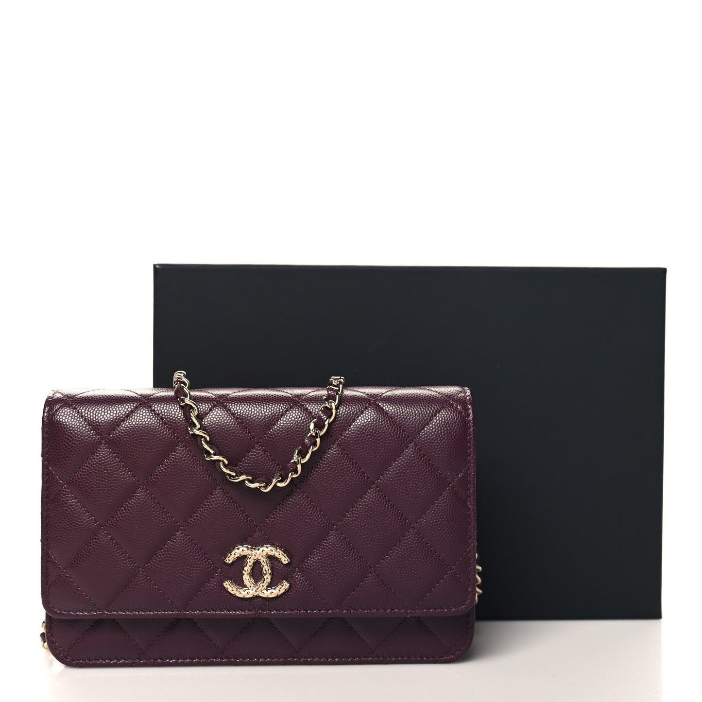 Caviar Quilted Embossed CC Wallet On Chain WOC Dark Burgundy
