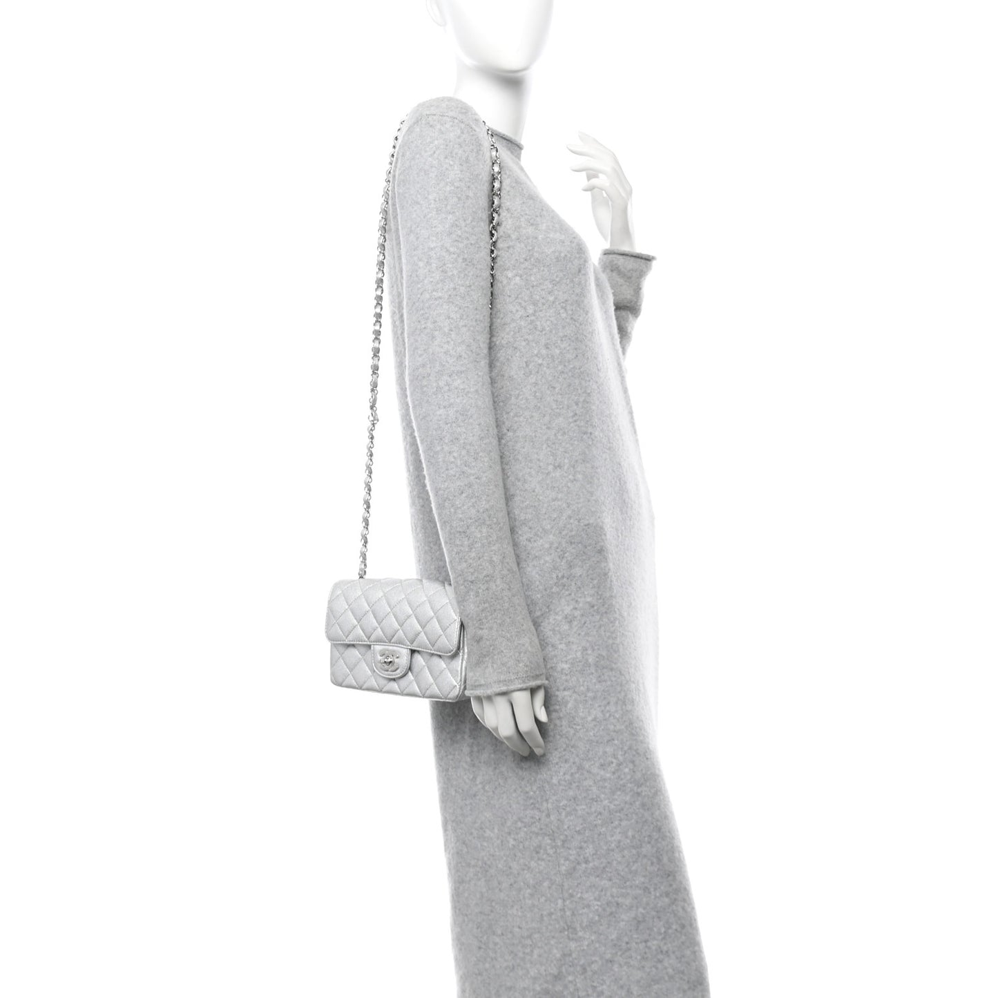 Metallic Calfskin Quilted Mini Rectangular Flap Silver