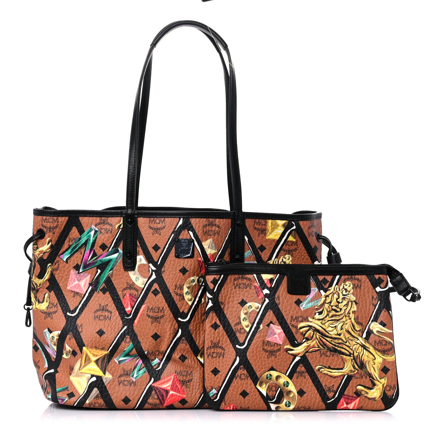 Visetos Calfskin Motif Rombi Lion Printed Reversible Shopper Tote Cognac