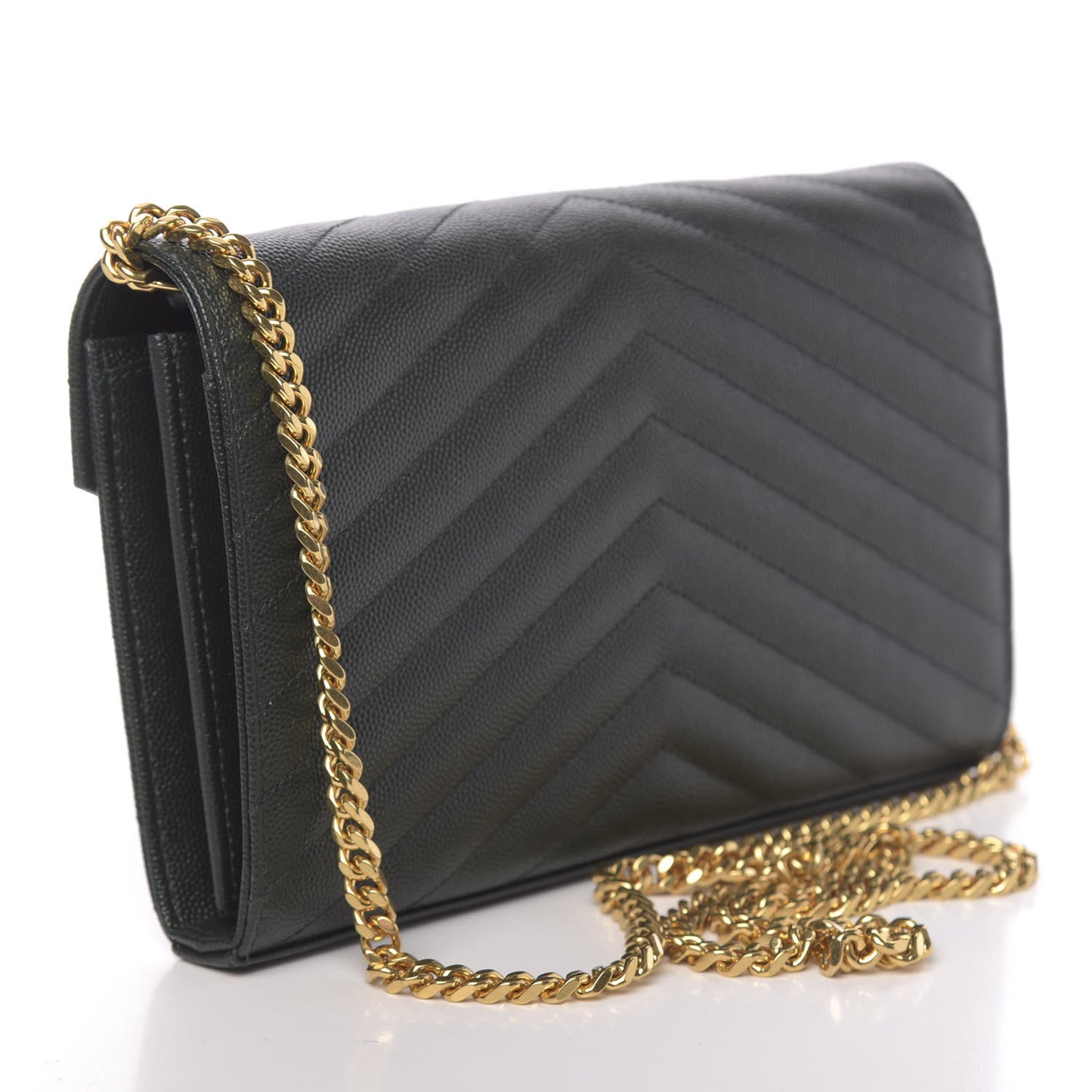 Grain De Poudre Matelasse Chevron Monogram Chain Wallet Dark Green