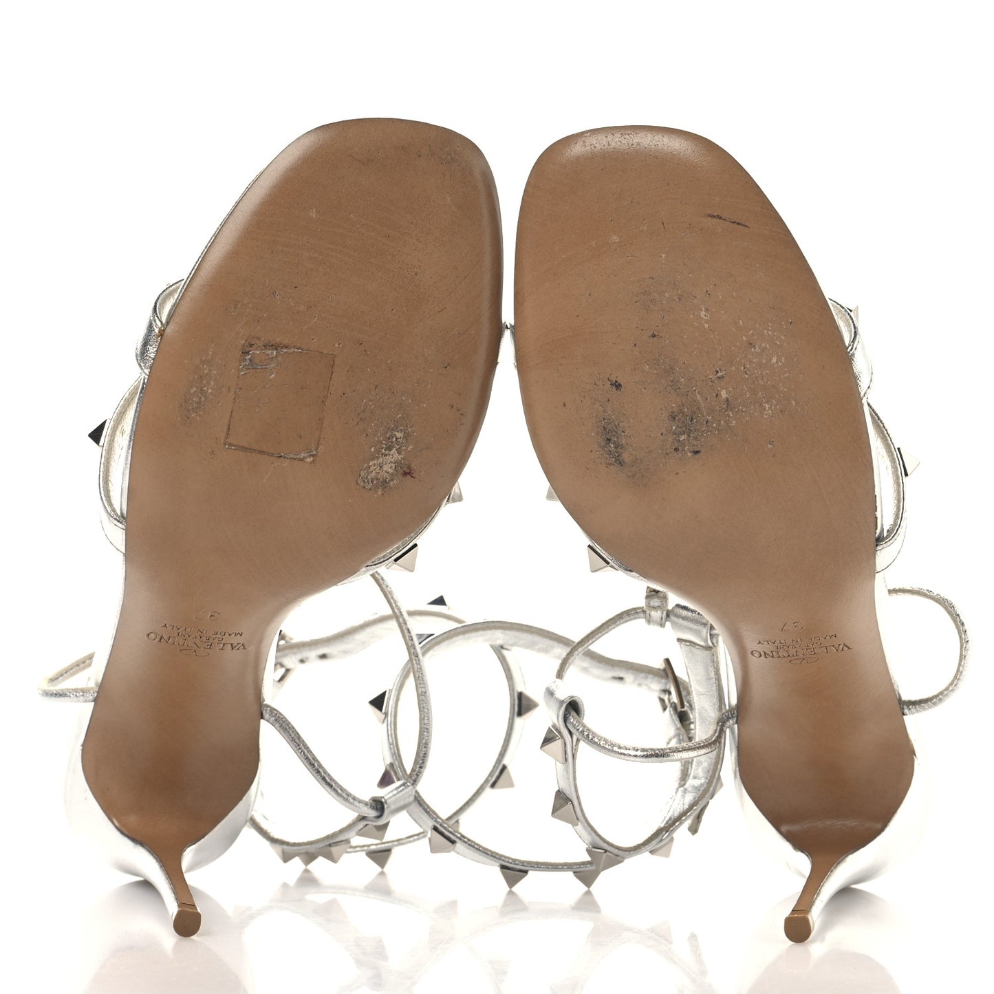 Metallic Nappa Rockstud Ankle T-Strap 105mm Sandals 37 Silver