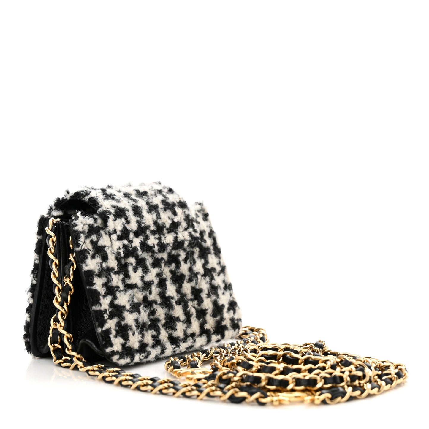 Tweed Houndstooth Quilted Mini Accordion Clutch With Chain White Black